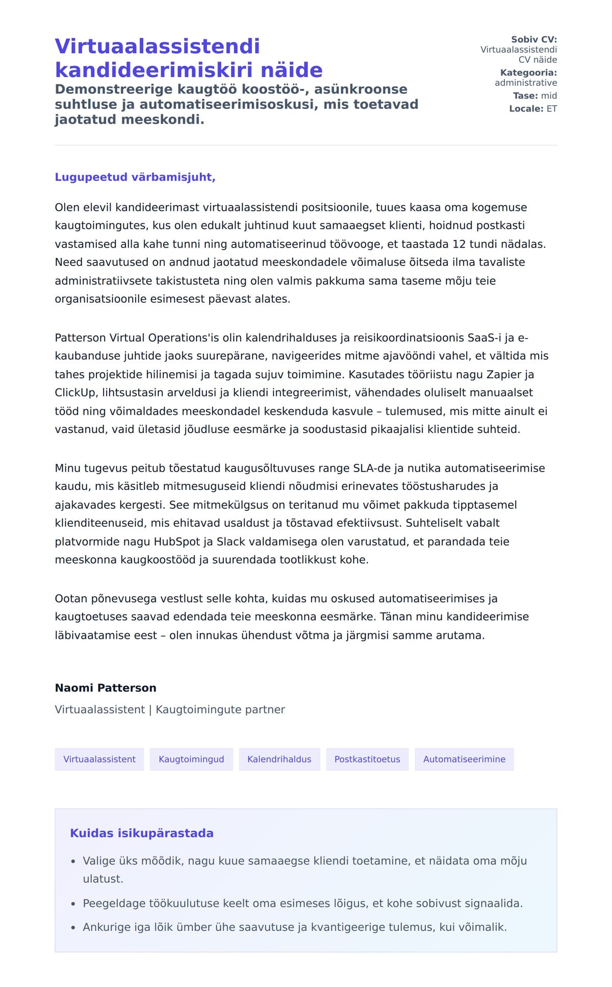Kaaskirja eelvaade Virtuaalassistendi kandideerimiskiri näide jaoks