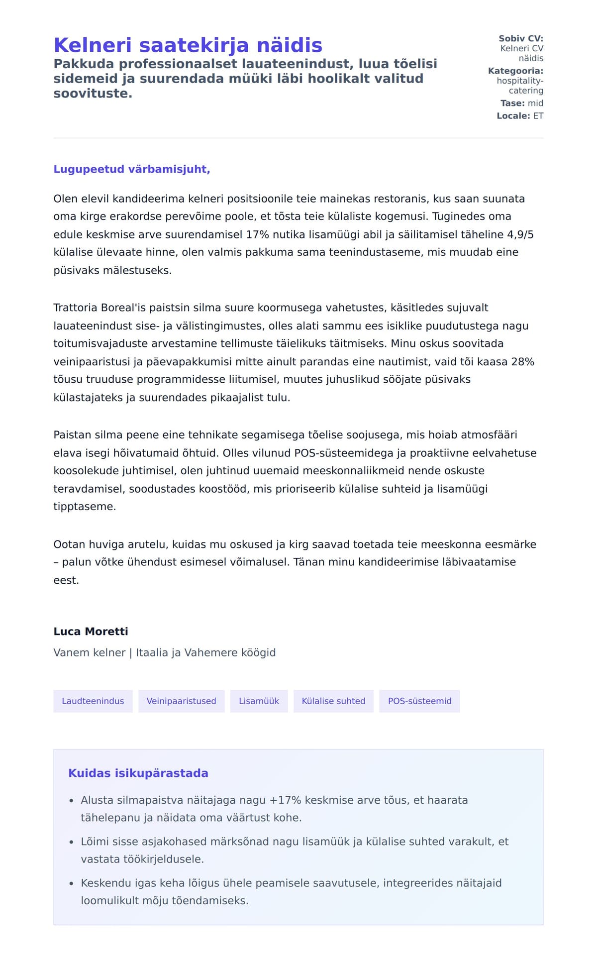 Kaaskirja eelvaade Kelneri saatekirja näidis jaoks