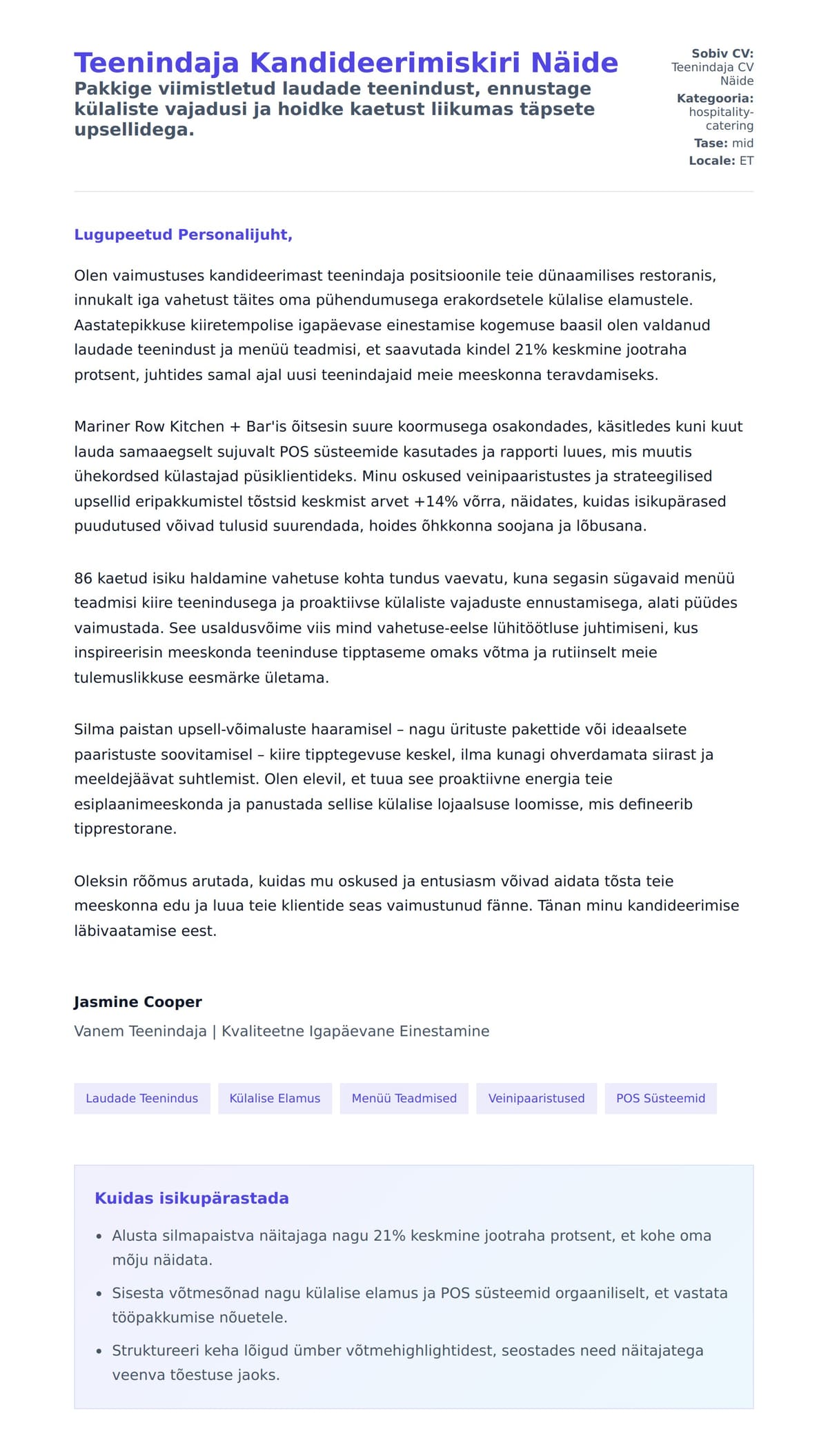 Kaaskirja eelvaade Teenindaja Kandideerimiskiri Näide jaoks