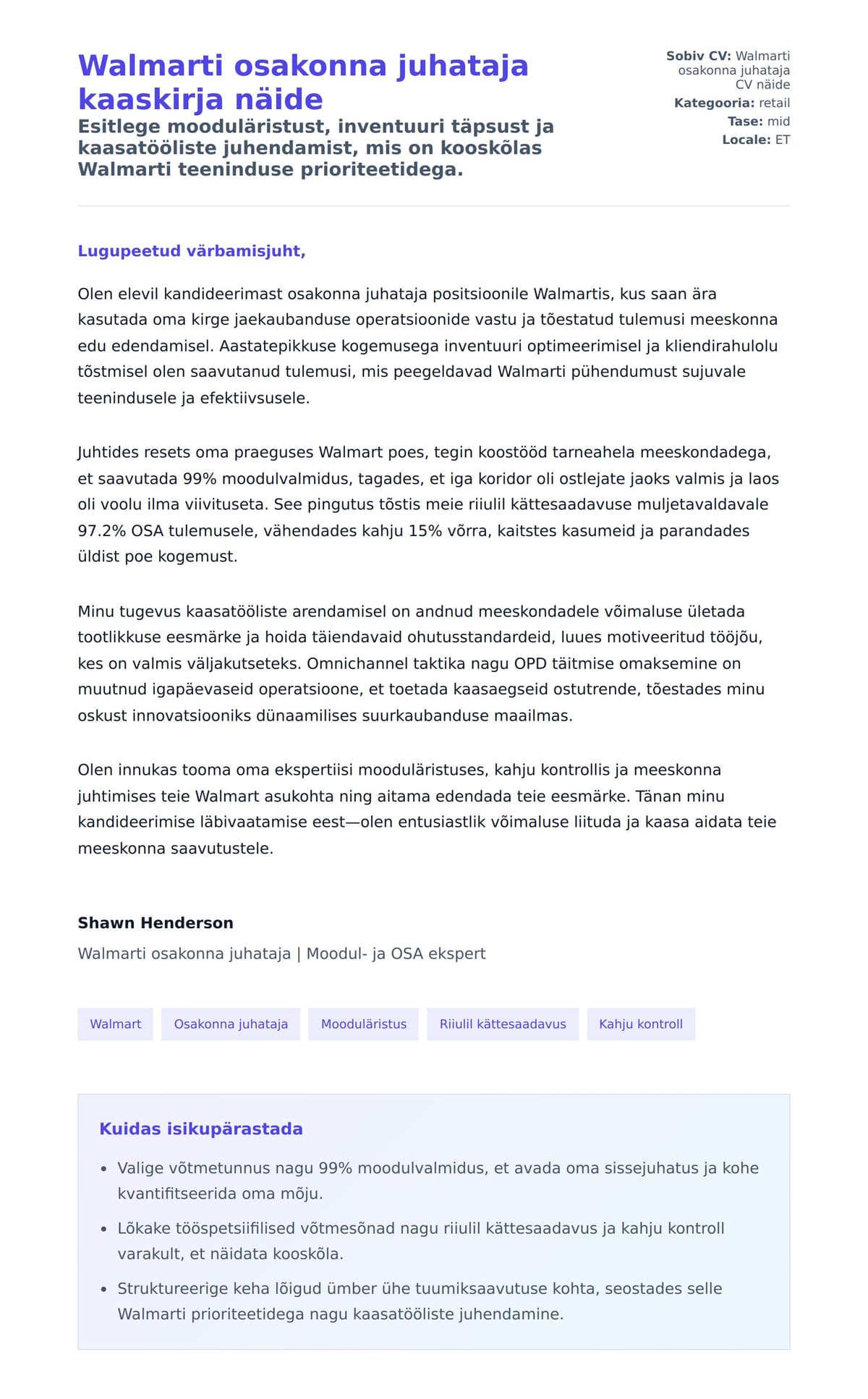 Kaaskirja eelvaade Walmarti osakonna juhataja kaaskirja näide jaoks