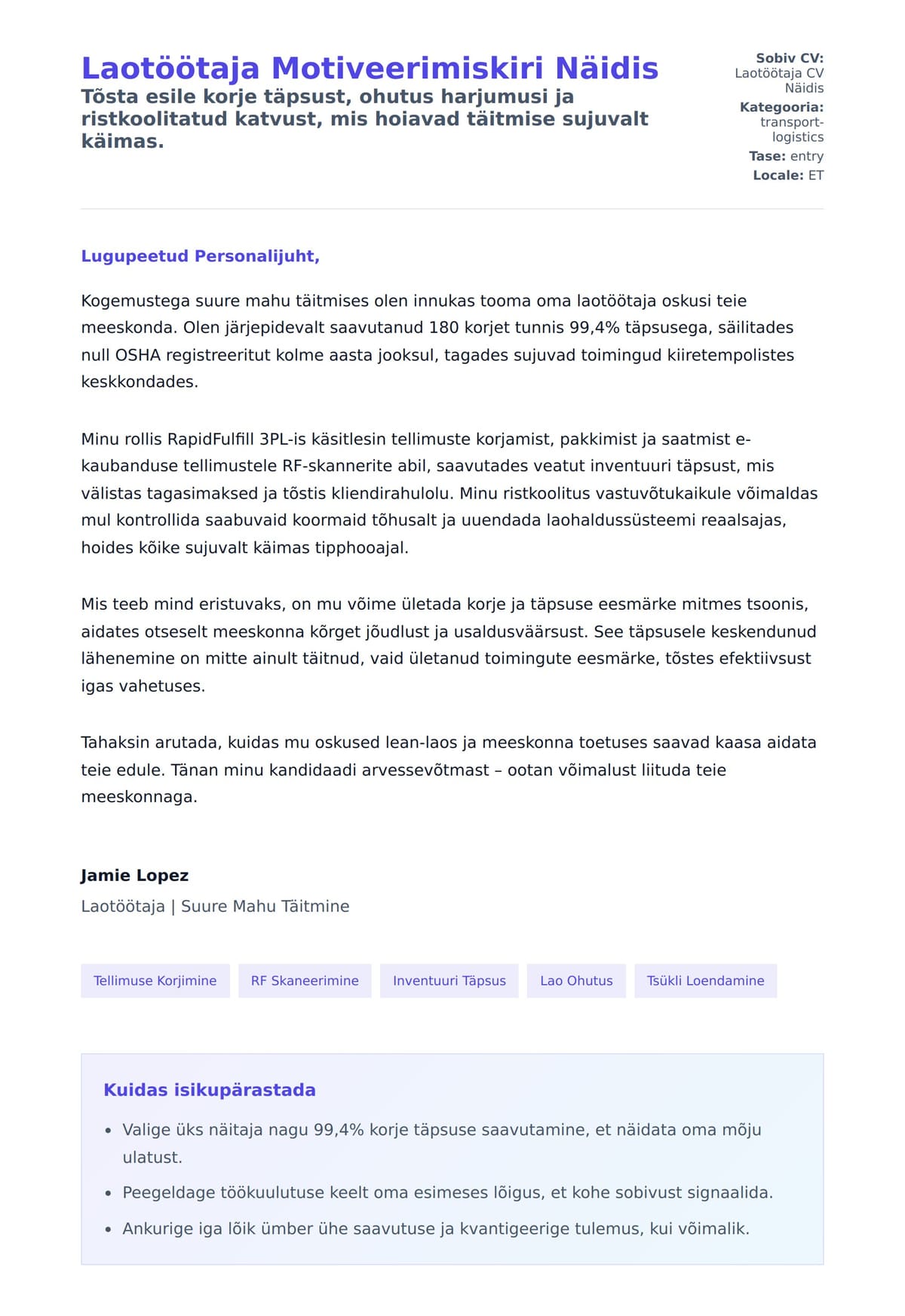 Kaaskirja eelvaade Laotöötaja Motiveerimiskiri Näidis jaoks
