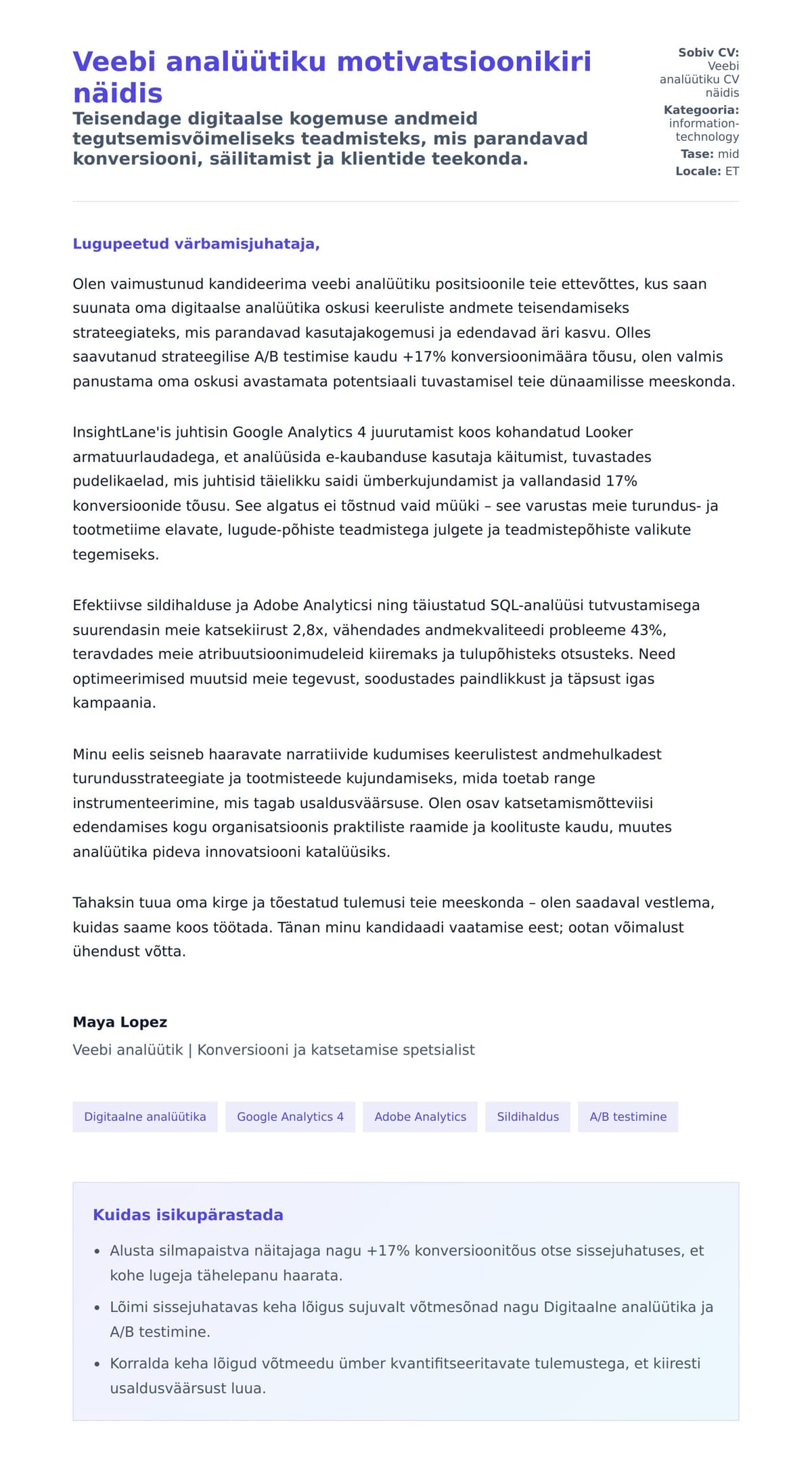Kaaskirja eelvaade Veebi analüütiku motivatsioonikiri näidis jaoks
