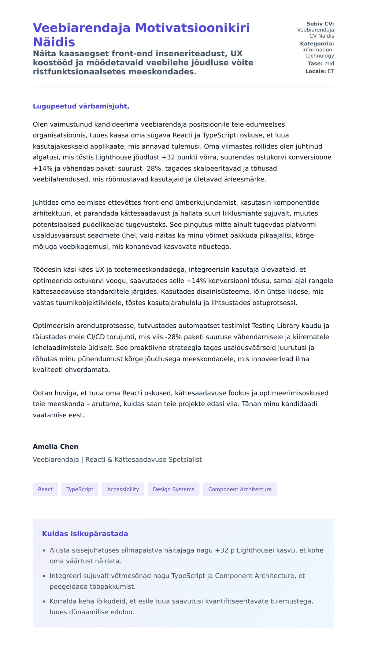 Kaaskirja eelvaade Veebiarendaja Motivatsioonikiri Näidis jaoks