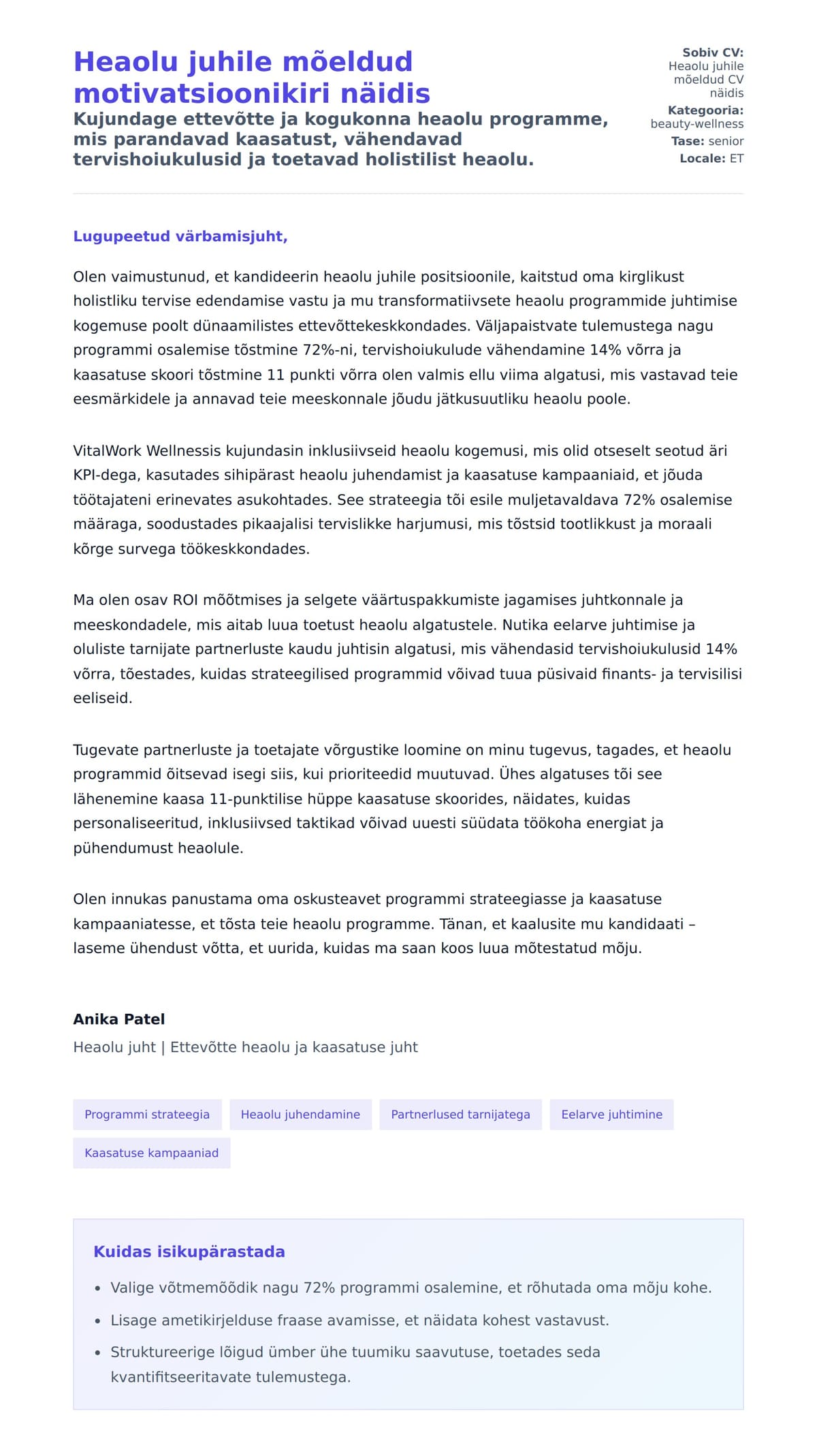 Kaaskirja eelvaade Heaolu juhile mõeldud motivatsioonikiri näidis jaoks