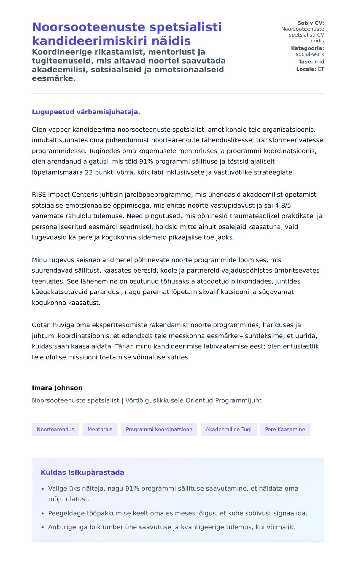Kaaskirja eelvaade Noorsooteenuste spetsialisti kandideerimiskiri näidis jaoks