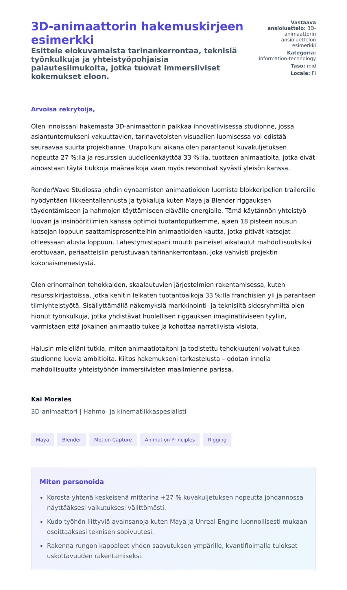 Työhakemuskirjeen esikatselu kohteelle 3D-animaattorin hakemuskirjeen esimerkki