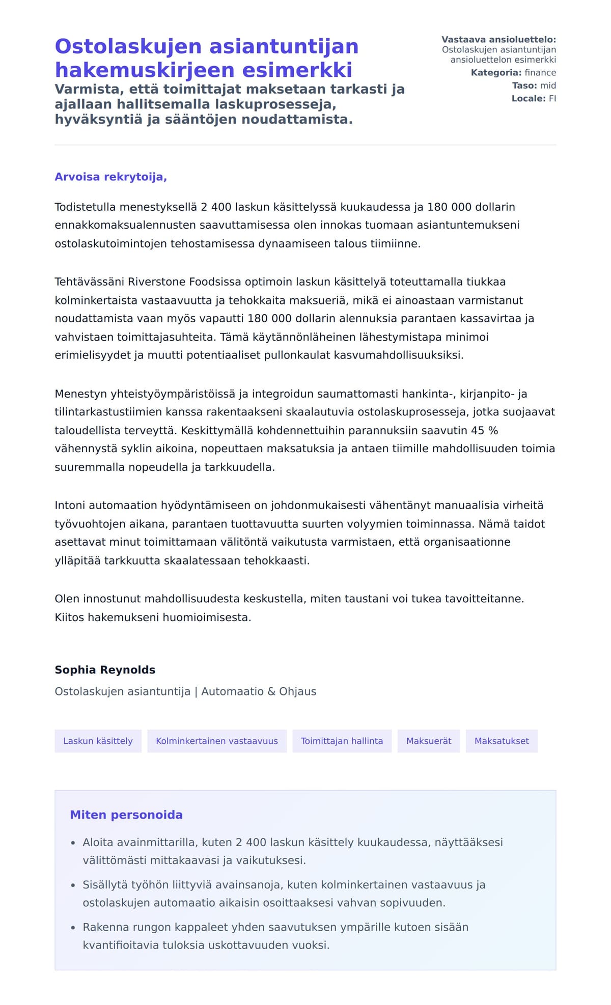 Työhakemuskirjeen esikatselu kohteelle Ostolaskujen asiantuntijan hakemuskirjeen esimerkki