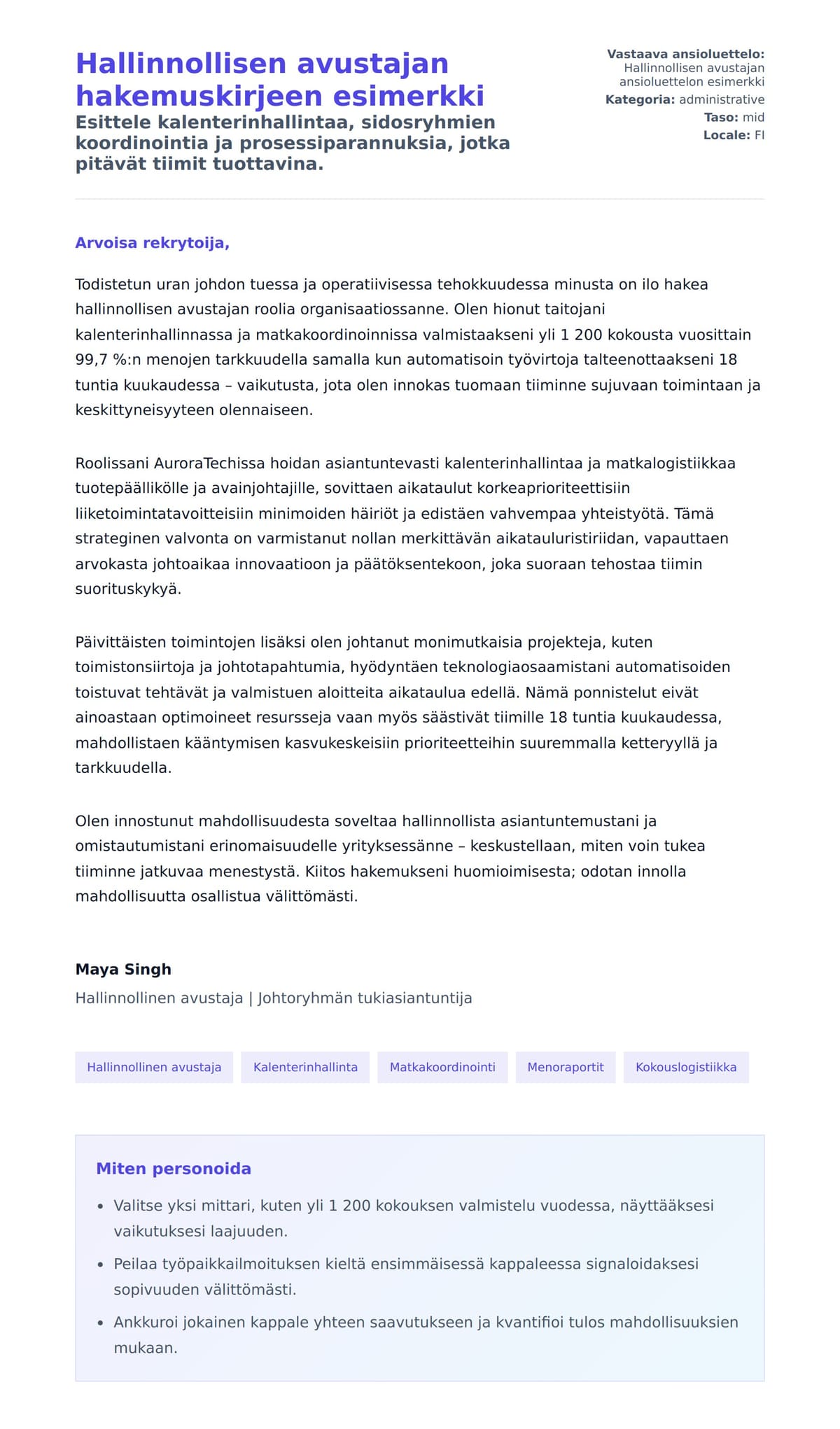 Työhakemuskirjeen esikatselu kohteelle Hallinnollisen avustajan hakemuskirjeen esimerkki