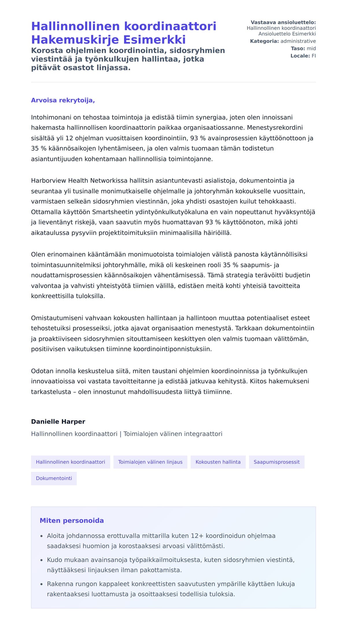 Työhakemuskirjeen esikatselu kohteelle Hallinnollinen koordinaattori Hakemuskirje Esimerkki