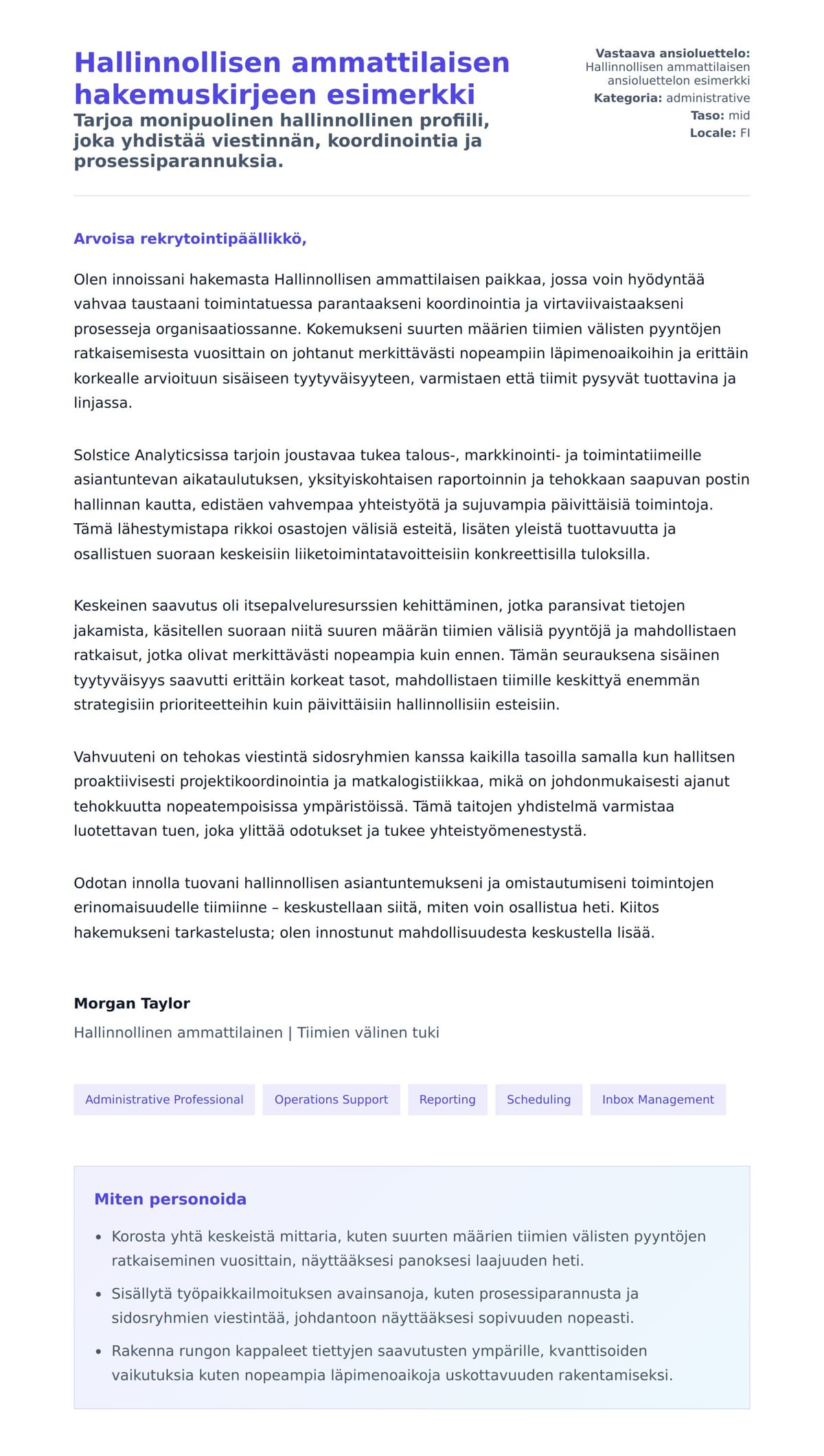 Työhakemuskirjeen esikatselu kohteelle Hallinnollisen ammattilaisen hakemuskirjeen esimerkki