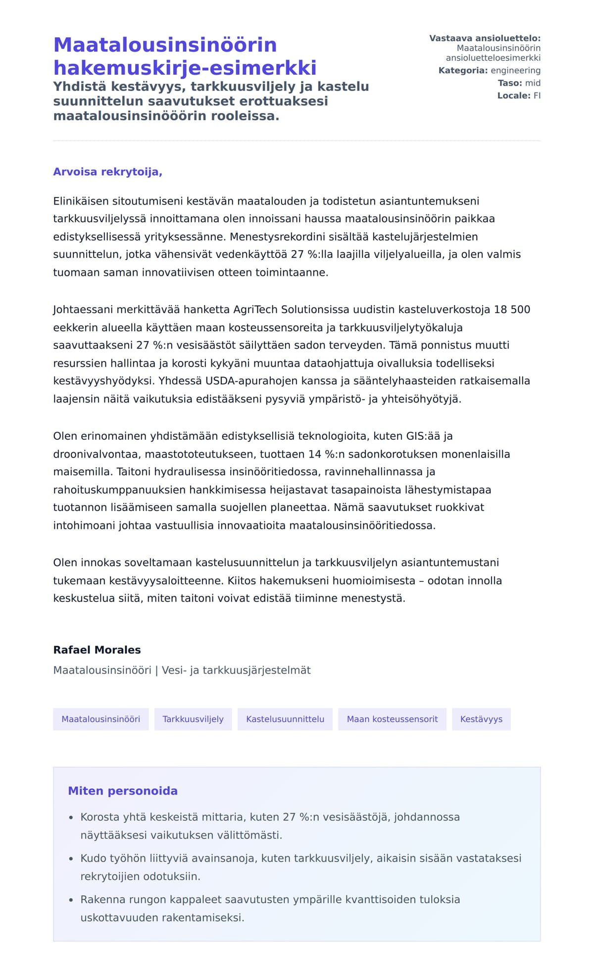 Työhakemuskirjeen esikatselu kohteelle Maatalousinsinöörin hakemuskirje-esimerkki