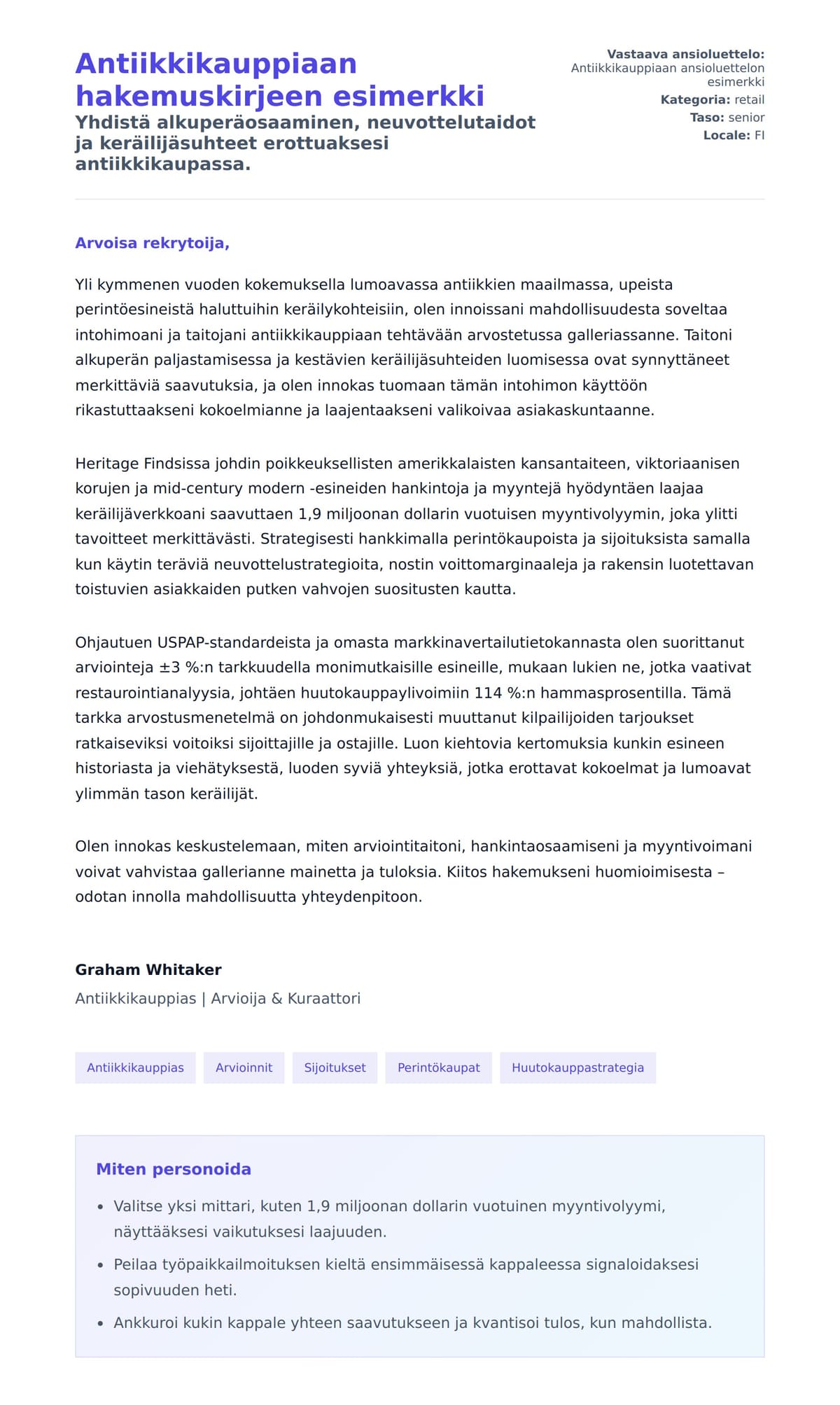 Työhakemuskirjeen esikatselu kohteelle Antiikkikauppiaan hakemuskirjeen esimerkki