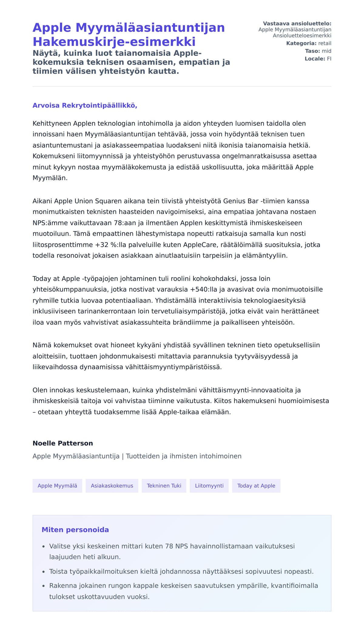 Työhakemuskirjeen esikatselu kohteelle Apple Myymäläasiantuntijan Hakemuskirje-esimerkki
