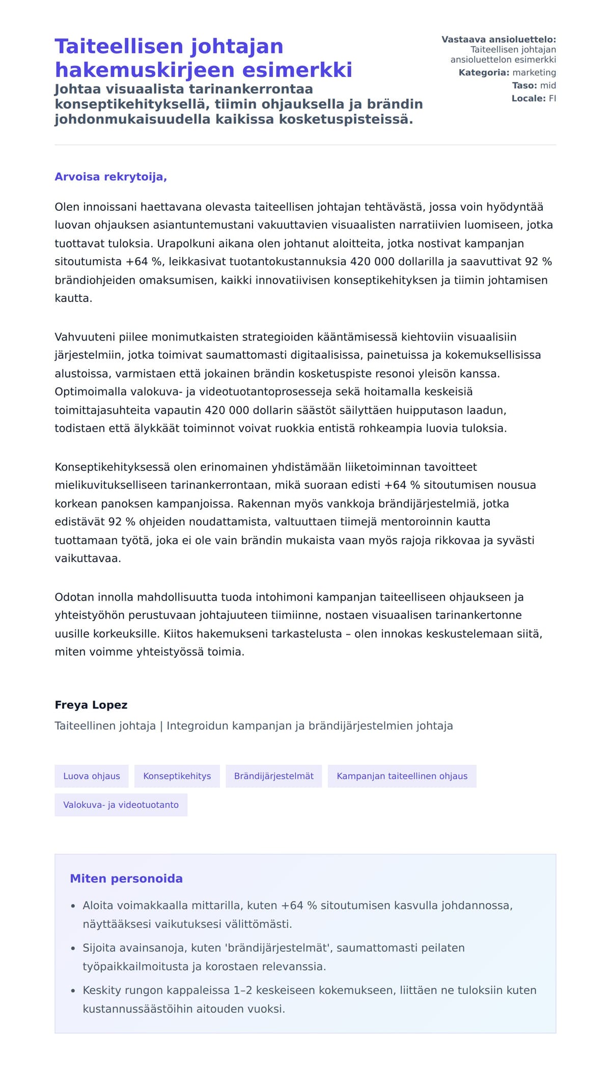 Työhakemuskirjeen esikatselu kohteelle Taiteellisen johtajan hakemuskirjeen esimerkki