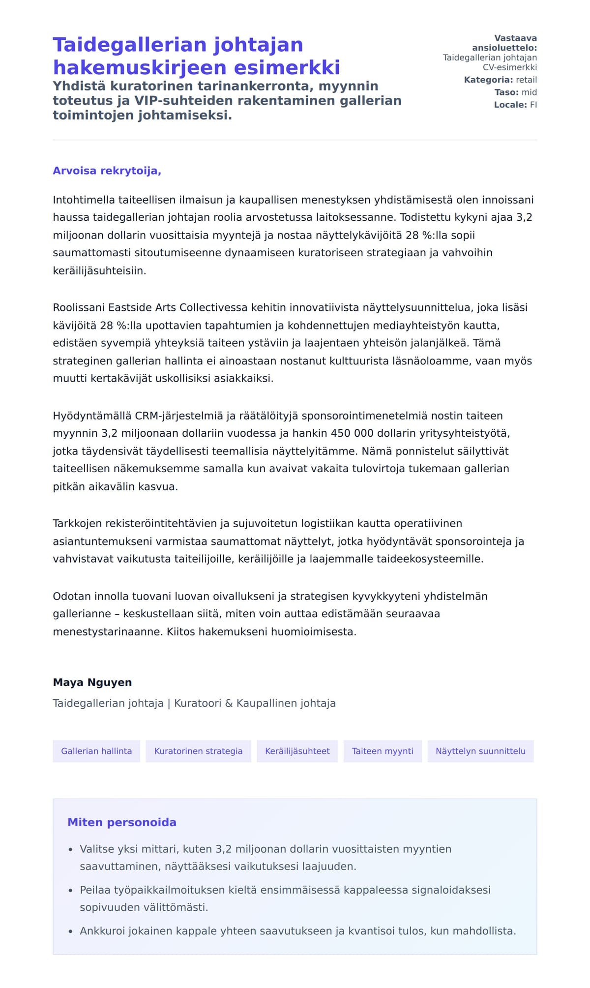 Työhakemuskirjeen esikatselu kohteelle Taidegallerian johtajan hakemuskirjeen esimerkki