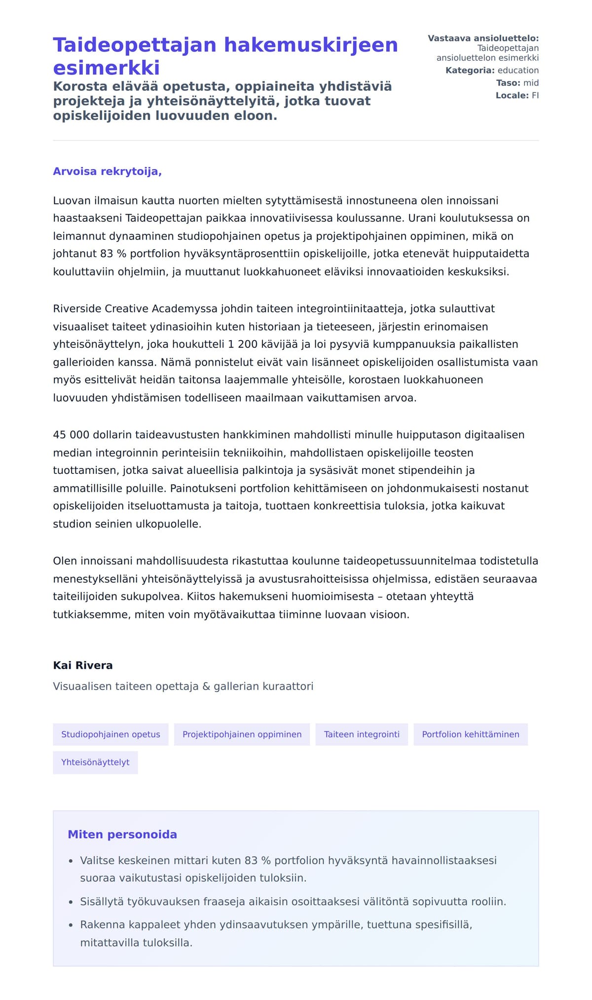 Työhakemuskirjeen esikatselu kohteelle Taideopettajan hakemuskirjeen esimerkki