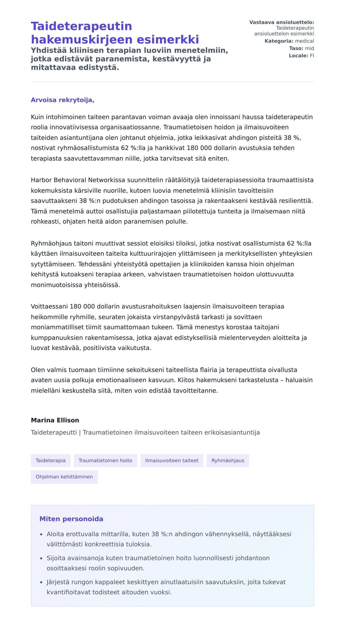 Työhakemuskirjeen esikatselu kohteelle Taideterapeutin hakemuskirjeen esimerkki