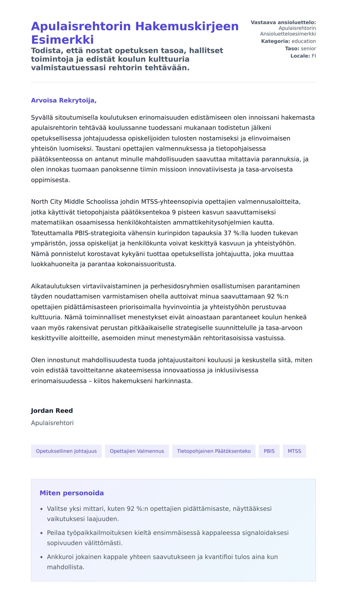 Työhakemuskirjeen esikatselu kohteelle Apulaisrehtorin Hakemuskirjeen Esimerkki