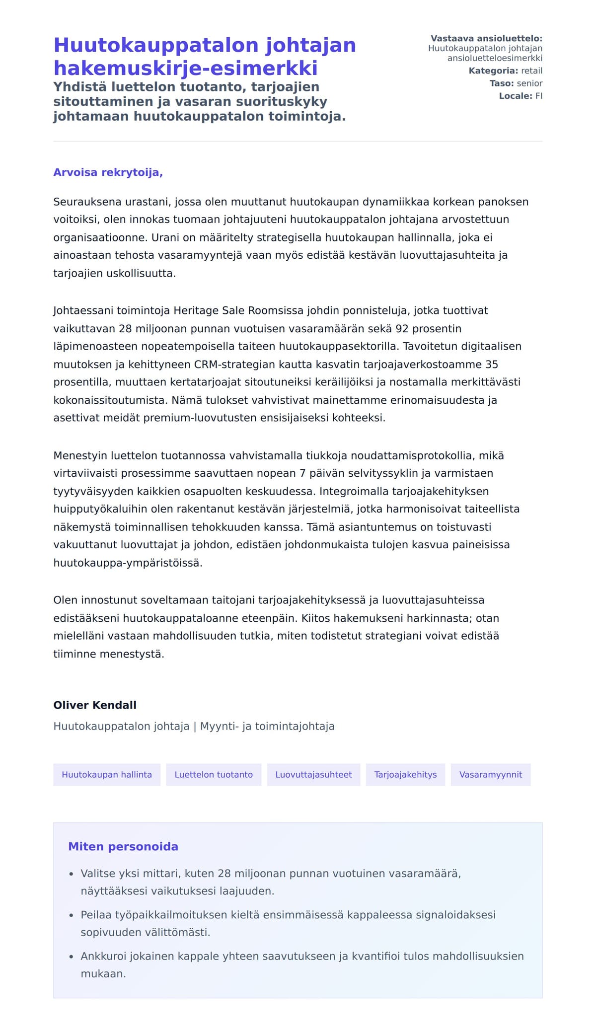 Työhakemuskirjeen esikatselu kohteelle Huutokauppatalon johtajan hakemuskirje-esimerkki