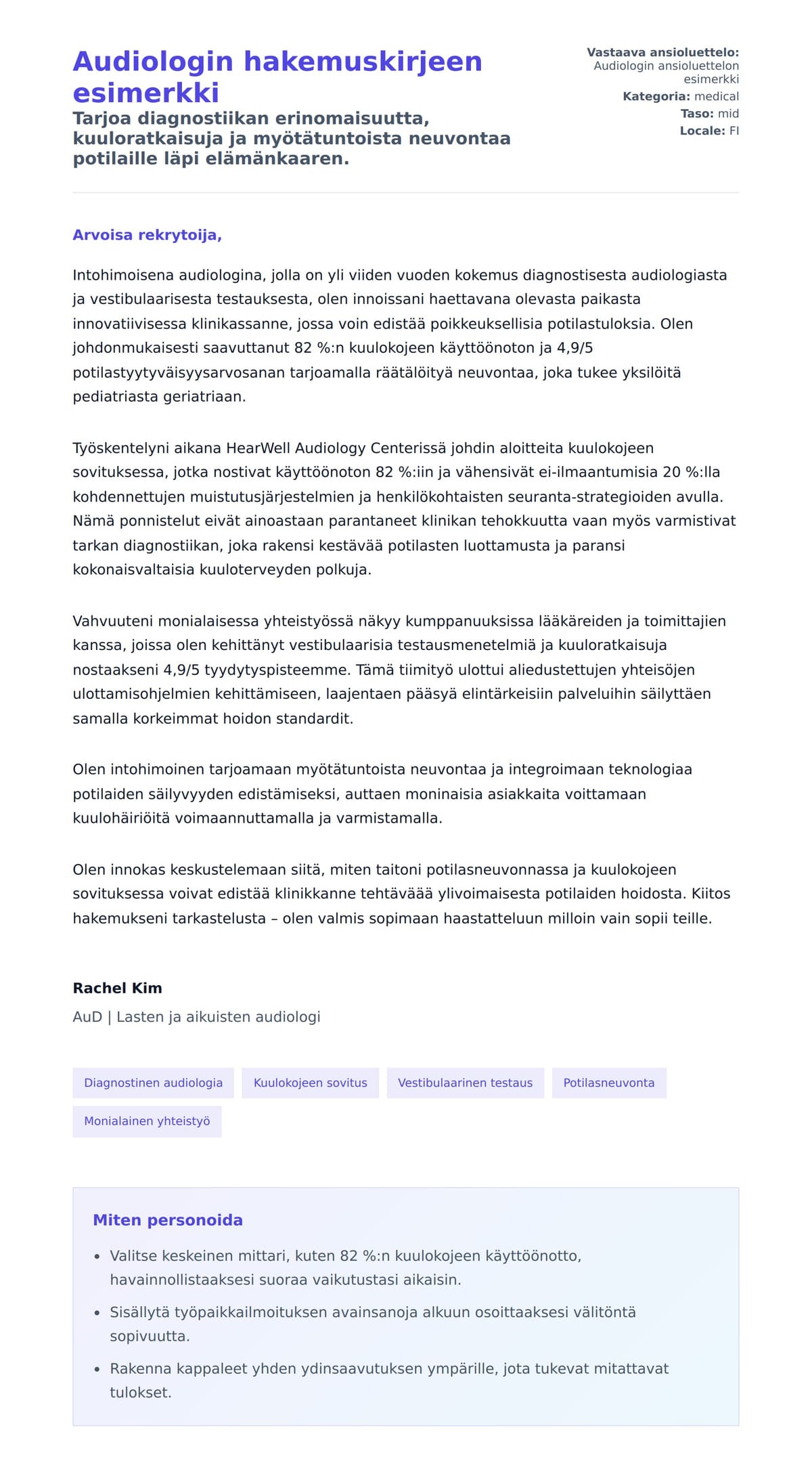 Työhakemuskirjeen esikatselu kohteelle Audiologin hakemuskirjeen esimerkki