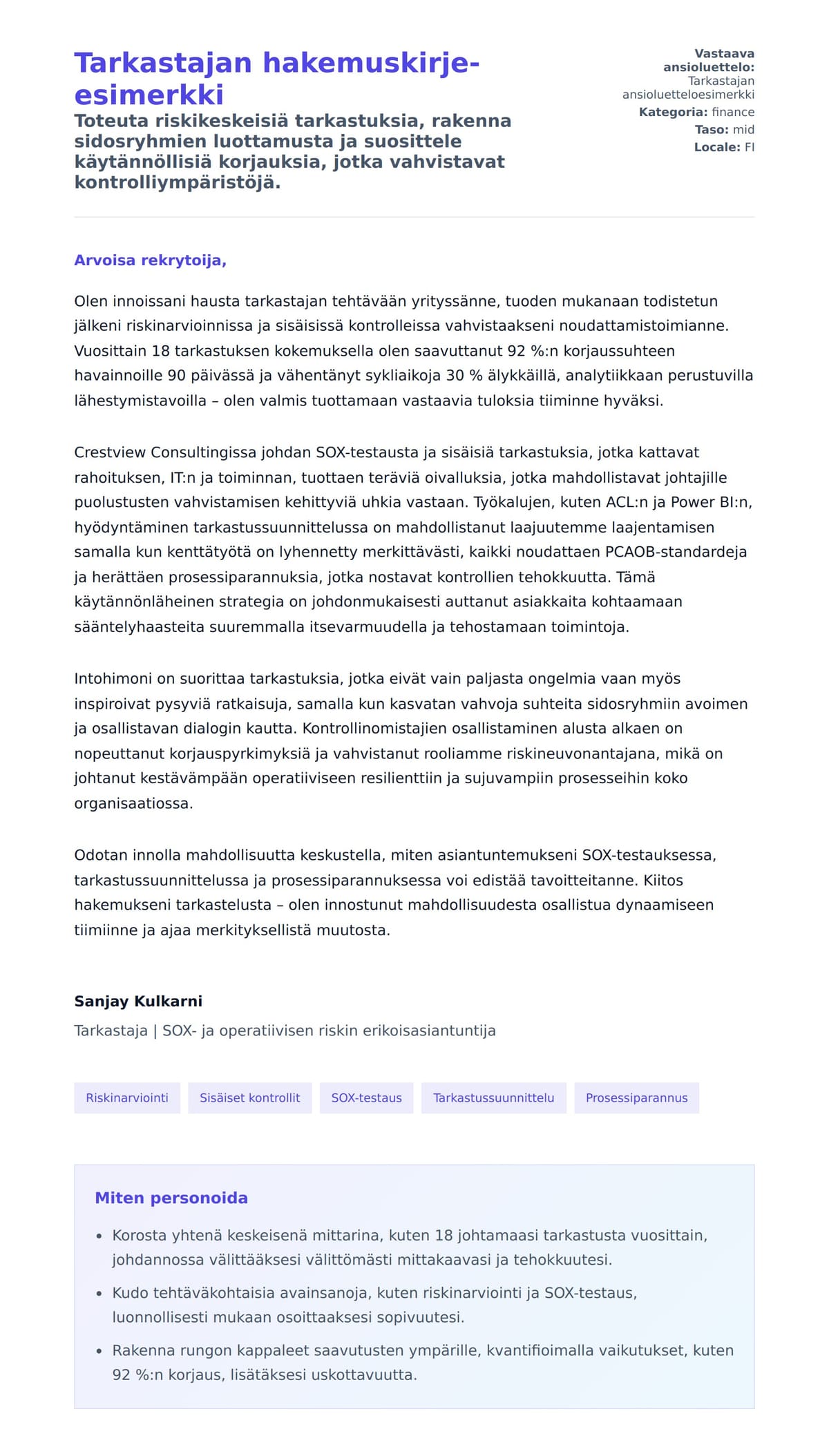 Työhakemuskirjeen esikatselu kohteelle Tarkastajan hakemuskirje-esimerkki