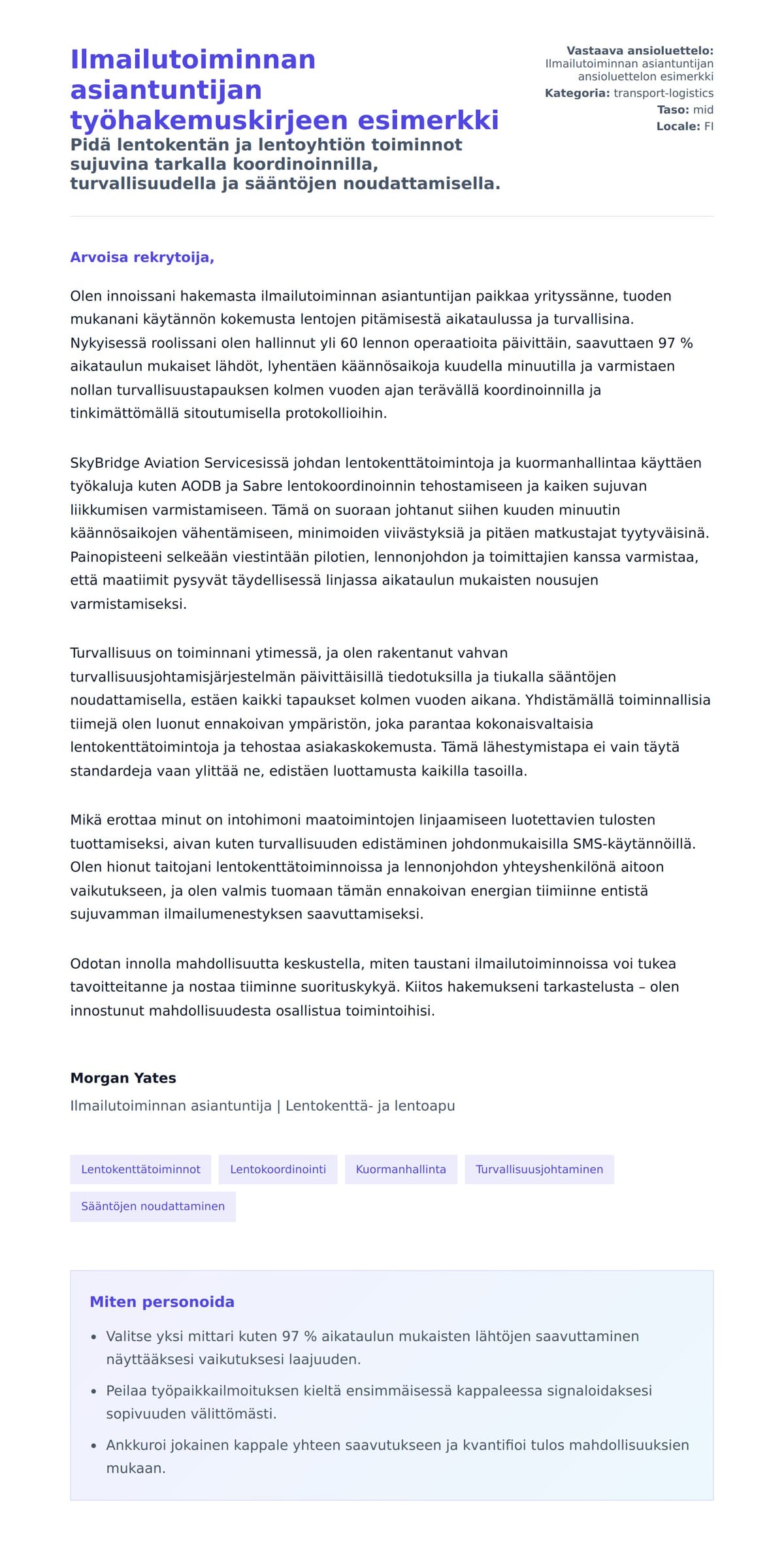 Työhakemuskirjeen esikatselu kohteelle Ilmailutoiminnan asiantuntijan työhakemuskirjeen esimerkki