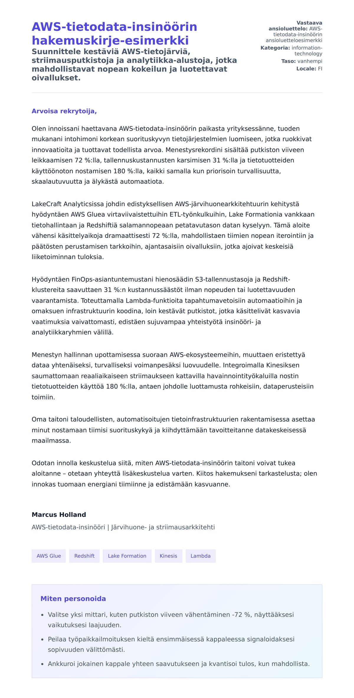 Työhakemuskirjeen esikatselu kohteelle AWS-tietodata-insinöörin hakemuskirje-esimerkki