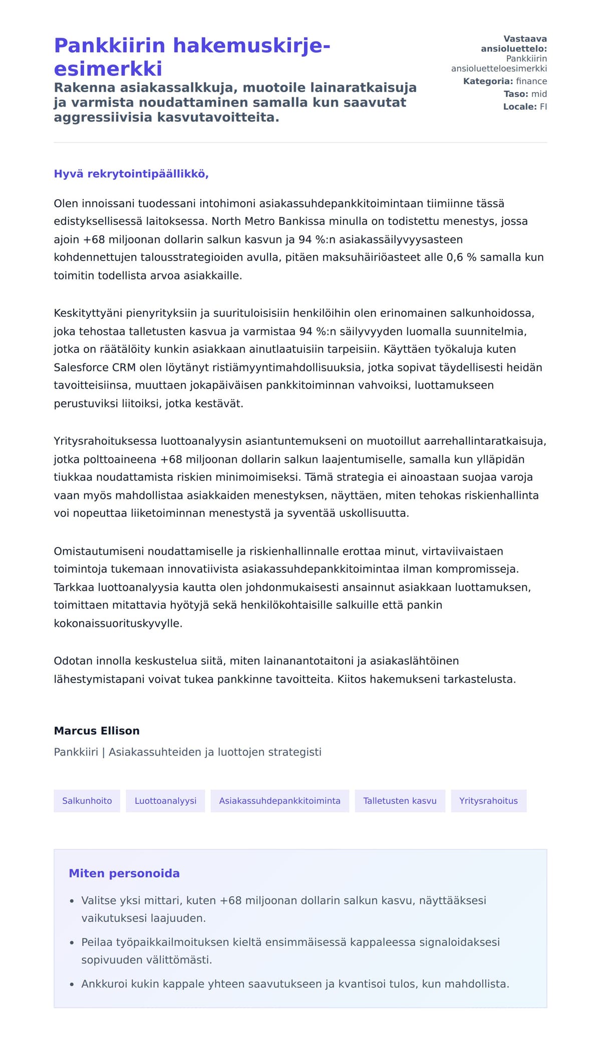 Työhakemuskirjeen esikatselu kohteelle Pankkiirin hakemuskirje-esimerkki