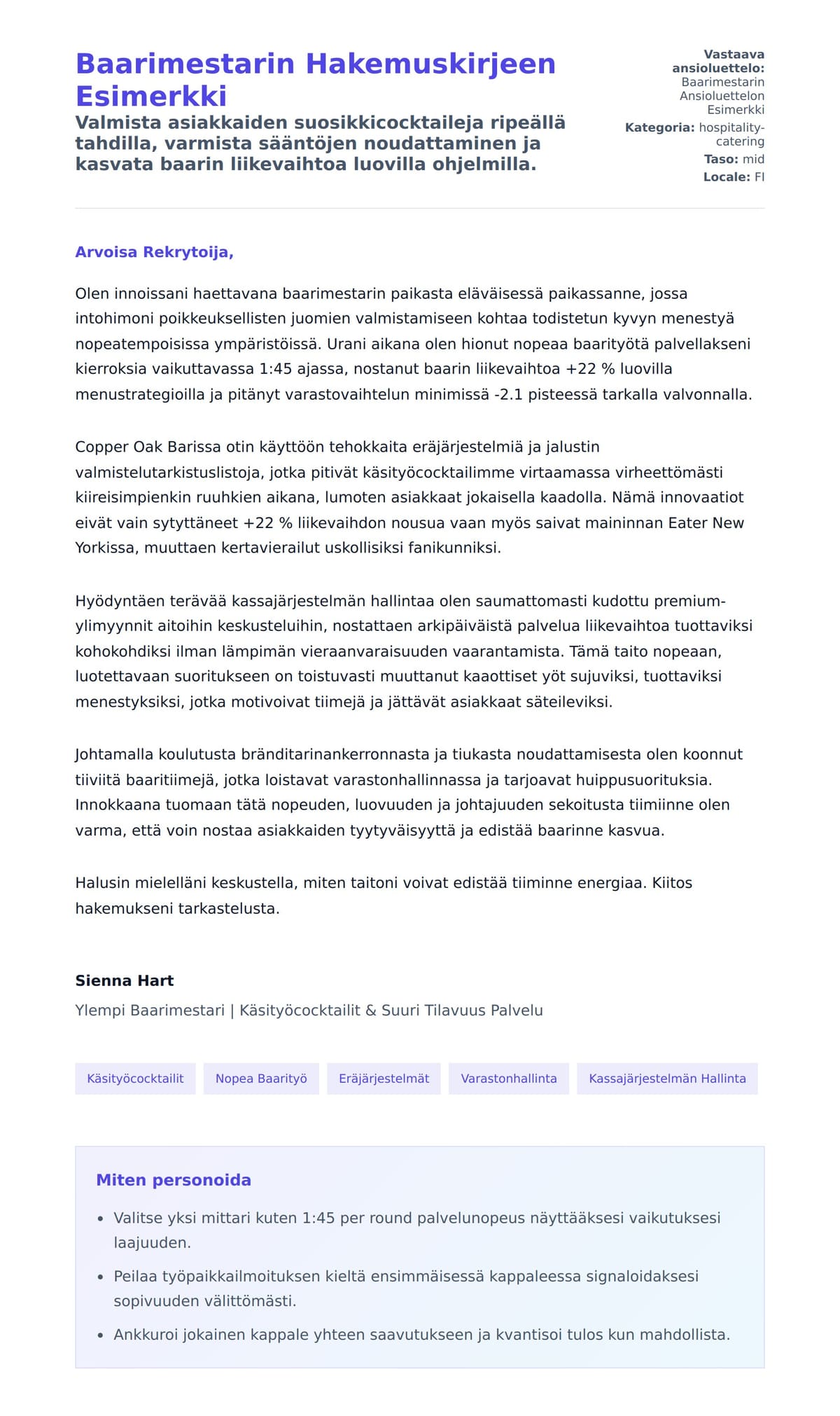 Työhakemuskirjeen esikatselu kohteelle Baarimestarin Hakemuskirjeen Esimerkki