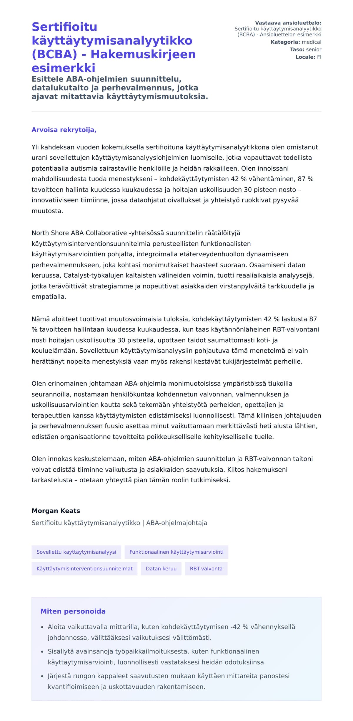 Työhakemuskirjeen esikatselu kohteelle Sertifioitu käyttäytymisanalyytikko (BCBA) - Hakemuskirjeen esimerkki