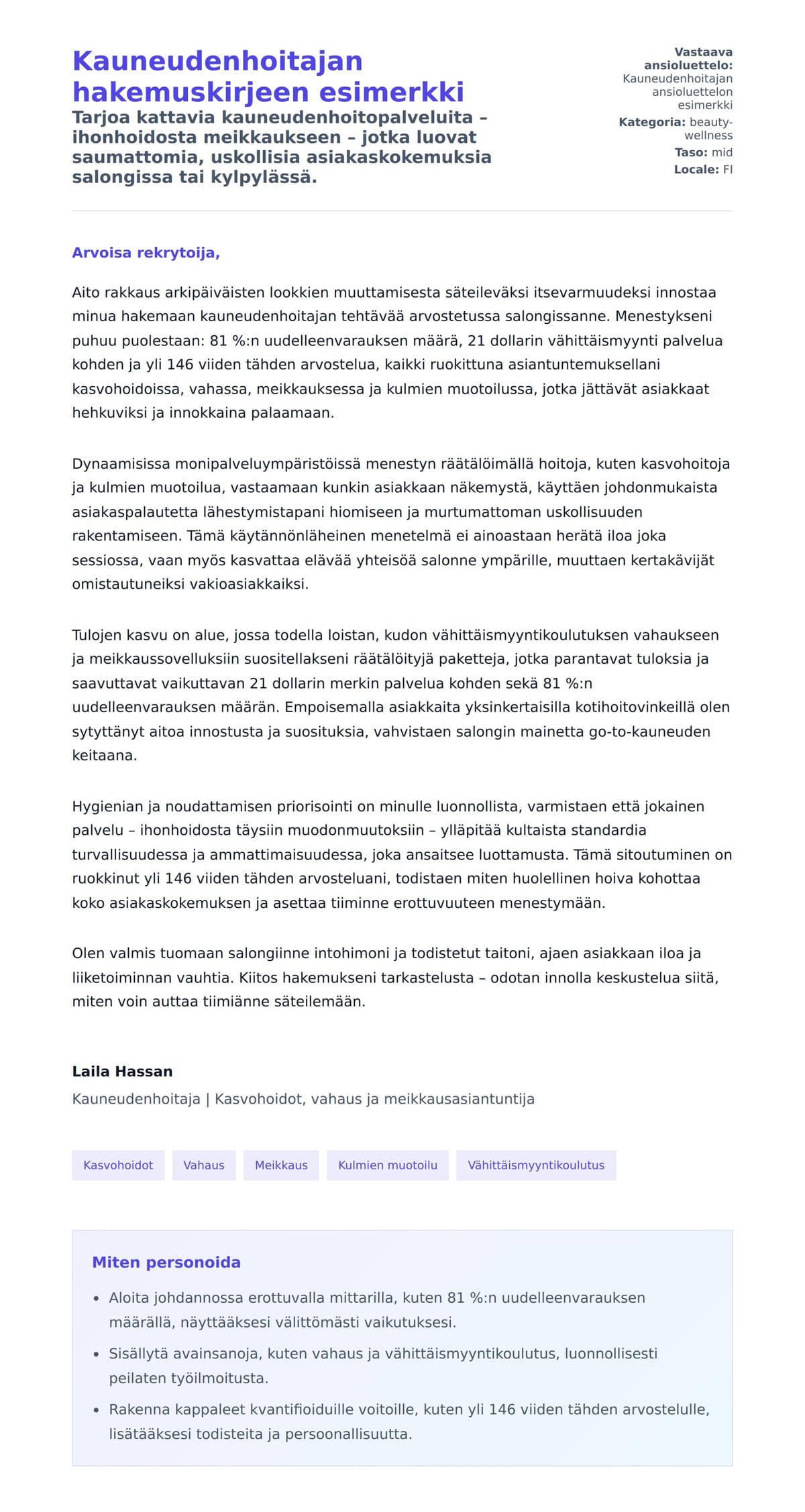 Työhakemuskirjeen esikatselu kohteelle Kauneudenhoitajan hakemuskirjeen esimerkki