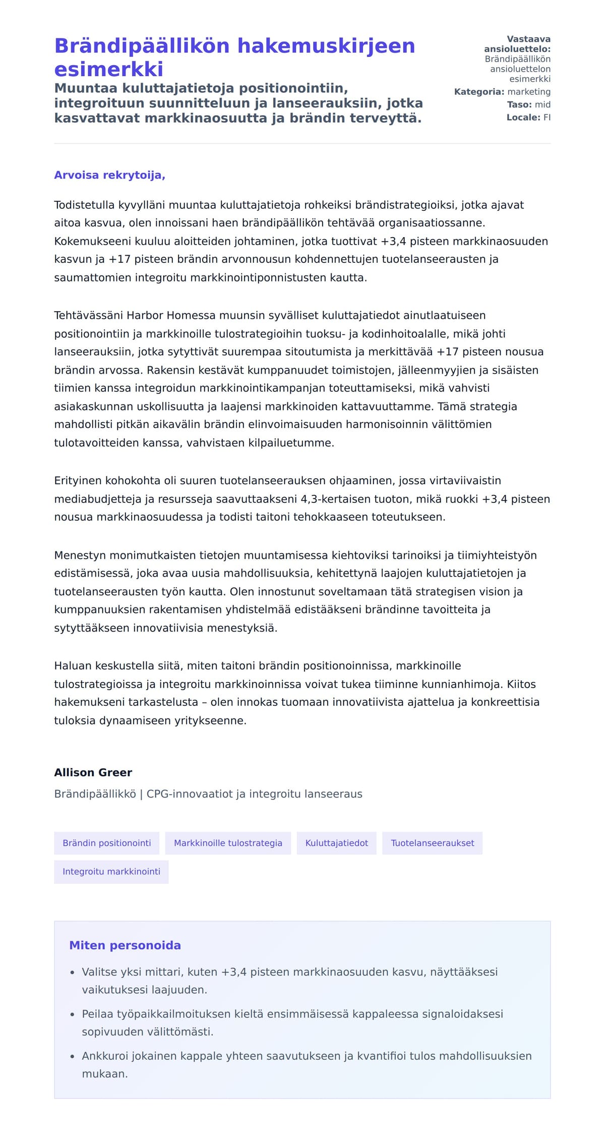 Työhakemuskirjeen esikatselu kohteelle Brändipäällikön hakemuskirjeen esimerkki