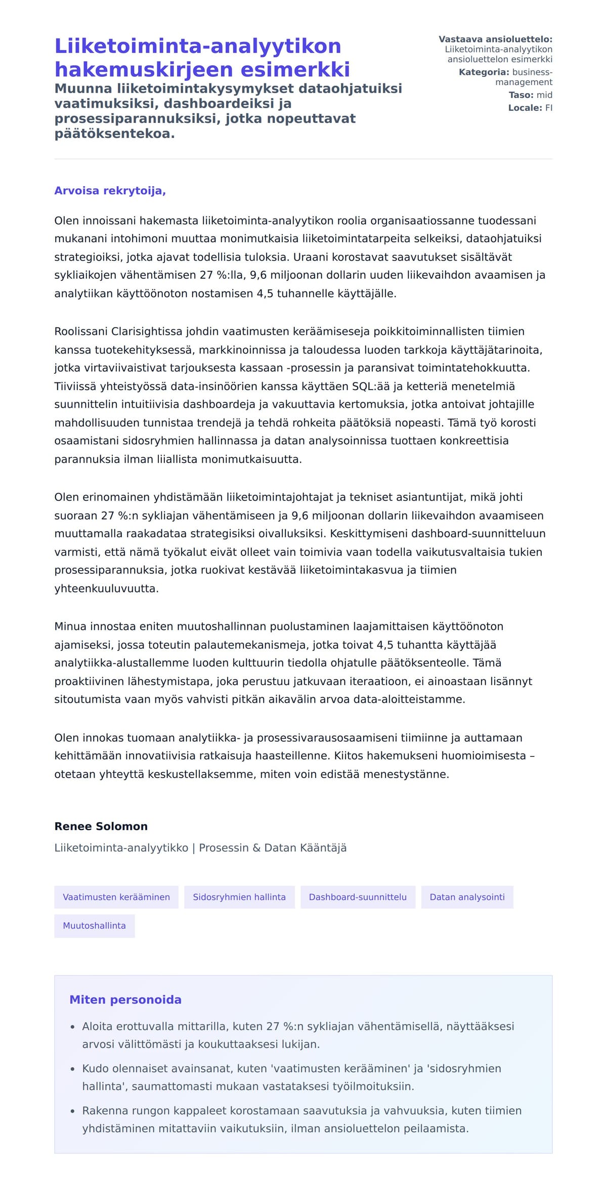 Työhakemuskirjeen esikatselu kohteelle Liiketoiminta-analyytikon hakemuskirjeen esimerkki