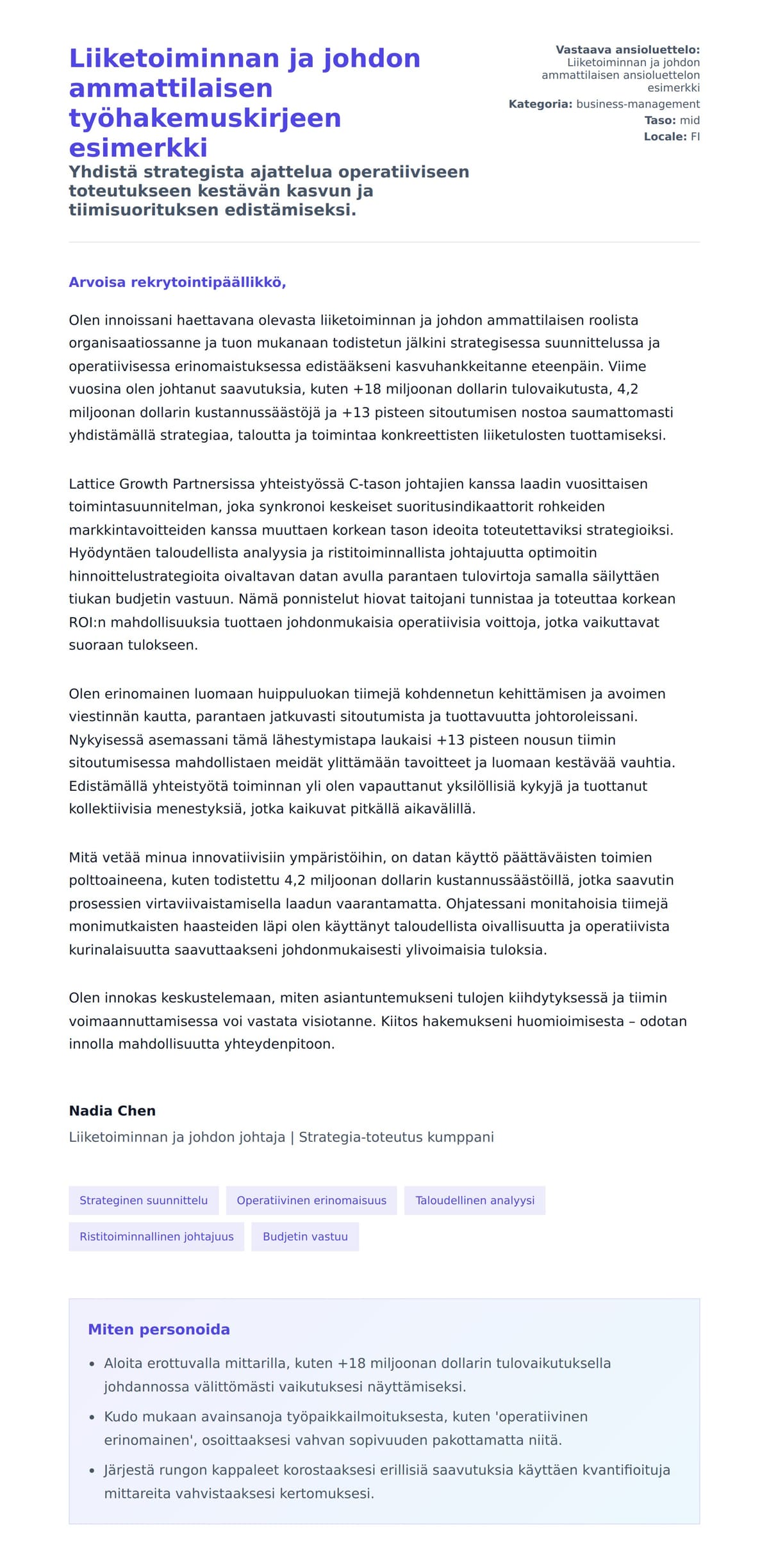 Työhakemuskirjeen esikatselu kohteelle Liiketoiminnan ja johdon ammattilaisen työhakemuskirjeen esimerkki