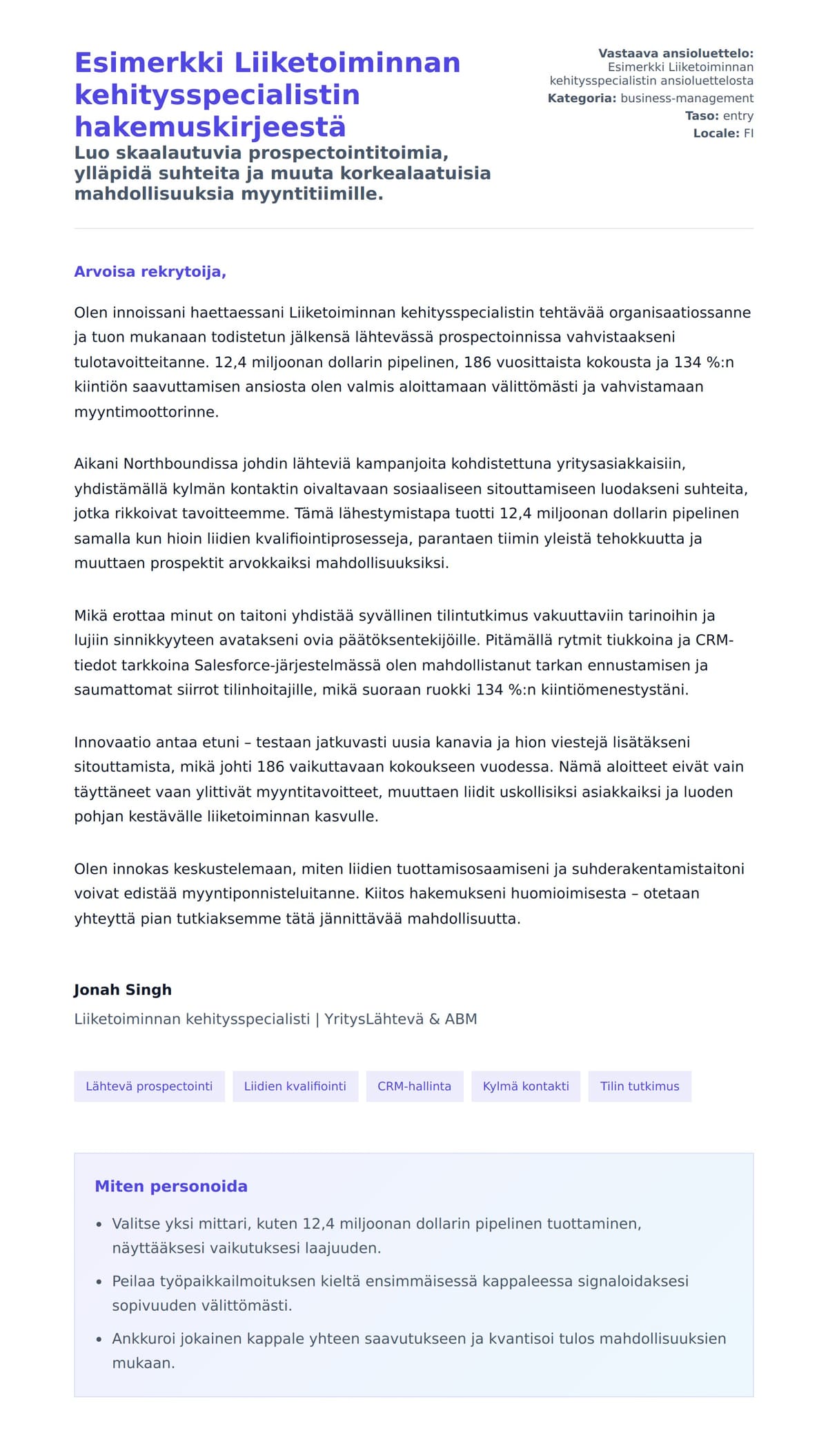 Työhakemuskirjeen esikatselu kohteelle Esimerkki Liiketoiminnan kehitysspecialistin hakemuskirjeestä
