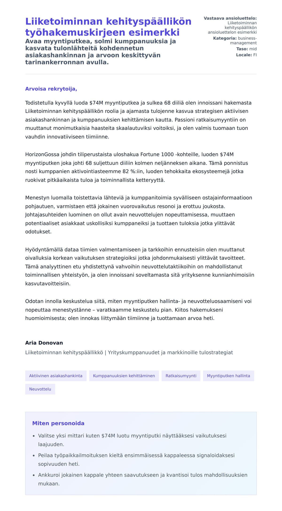 Työhakemuskirjeen esikatselu kohteelle Liiketoiminnan kehityspäällikön työhakemuskirjeen esimerkki