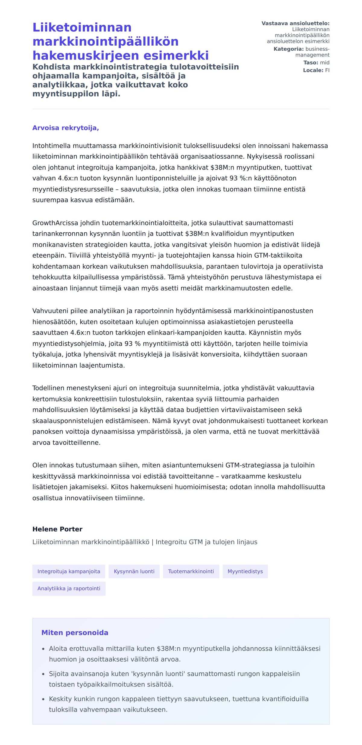 Työhakemuskirjeen esikatselu kohteelle Liiketoiminnan markkinointipäällikön hakemuskirjeen esimerkki