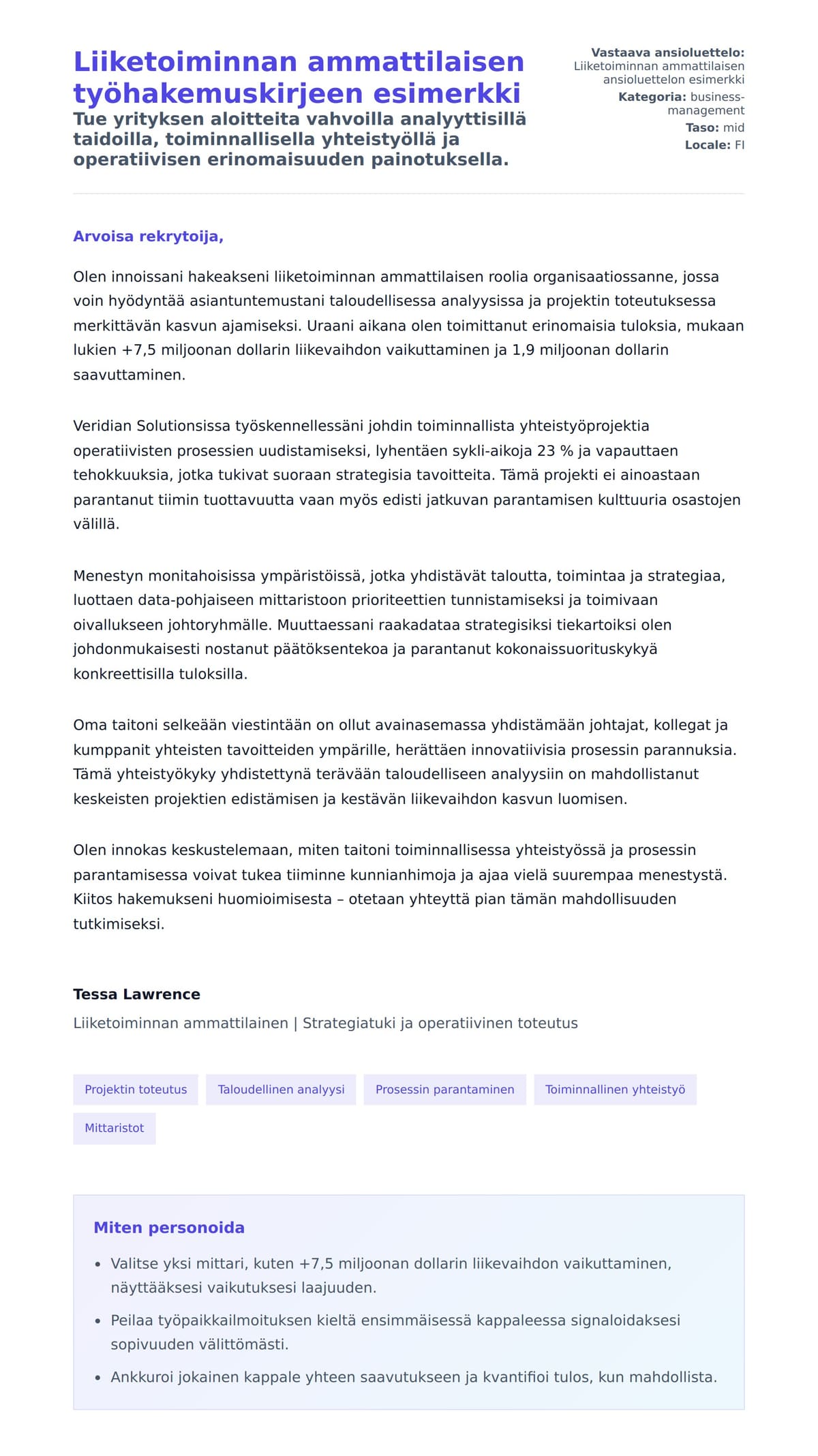 Työhakemuskirjeen esikatselu kohteelle Liiketoiminnan ammattilaisen työhakemuskirjeen esimerkki