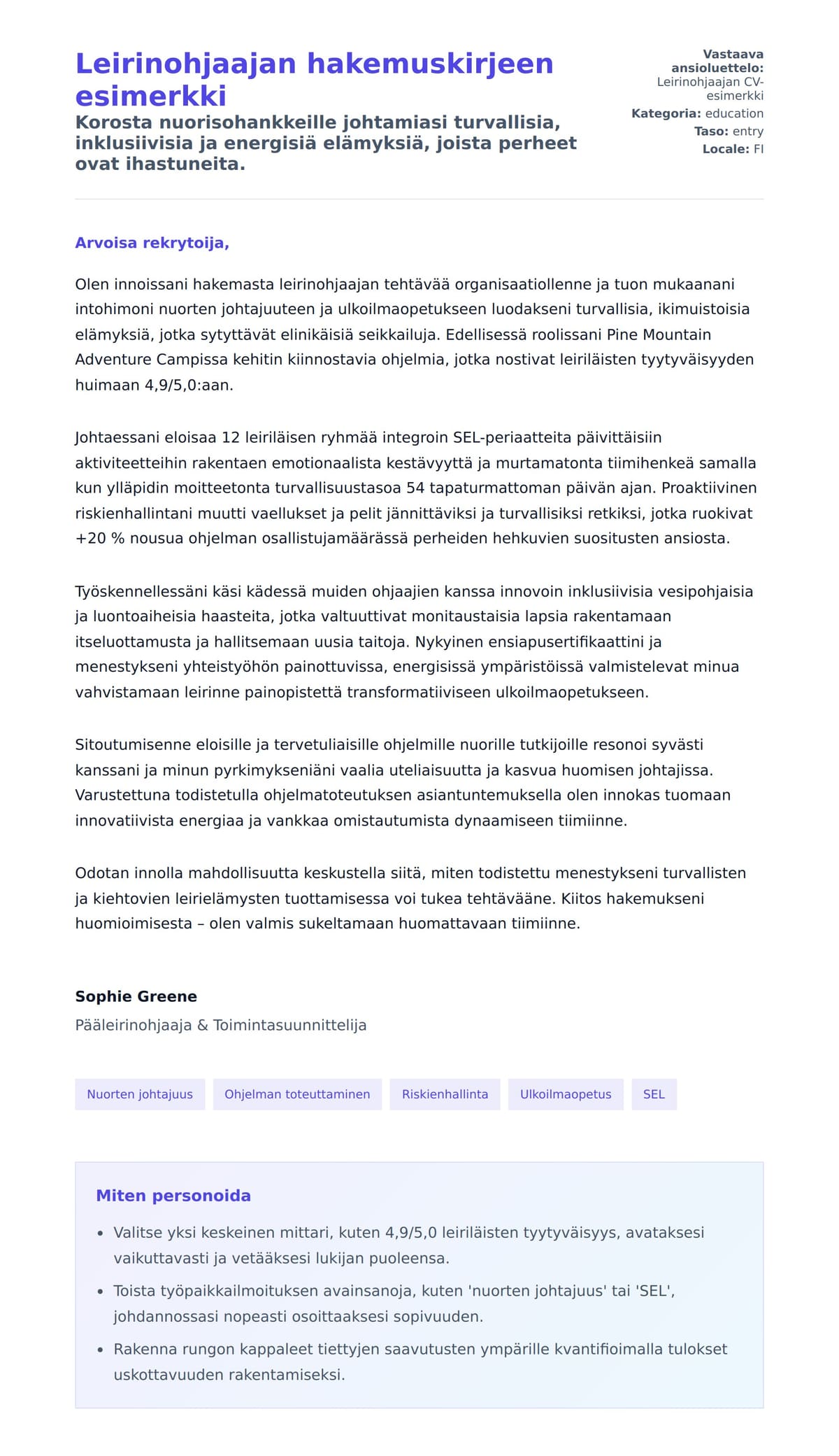 Työhakemuskirjeen esikatselu kohteelle Leirinohjaajan hakemuskirjeen esimerkki