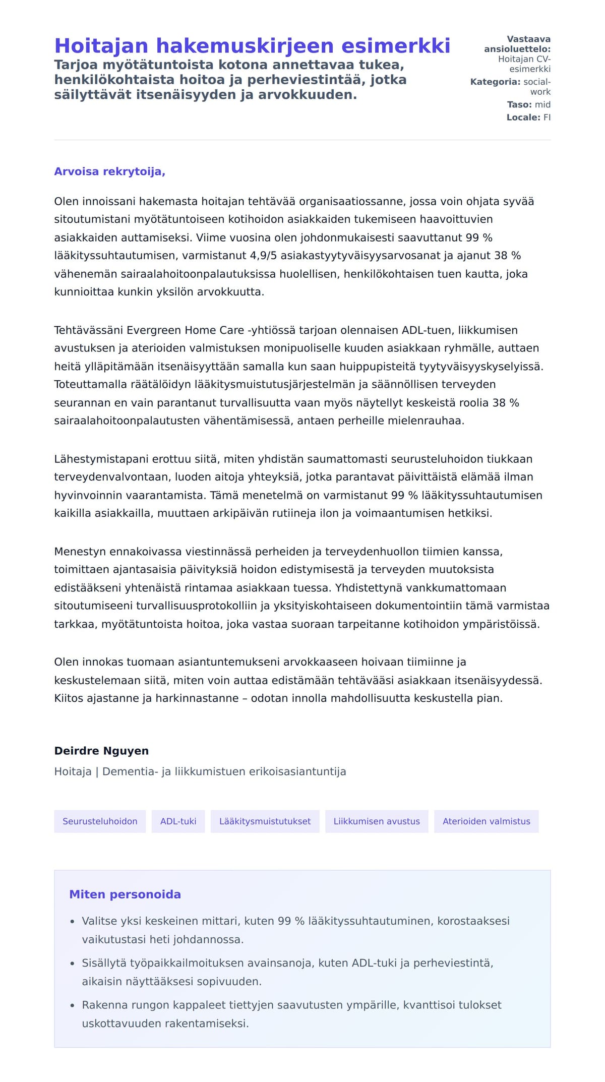 Työhakemuskirjeen esikatselu kohteelle Hoitajan hakemuskirjeen esimerkki