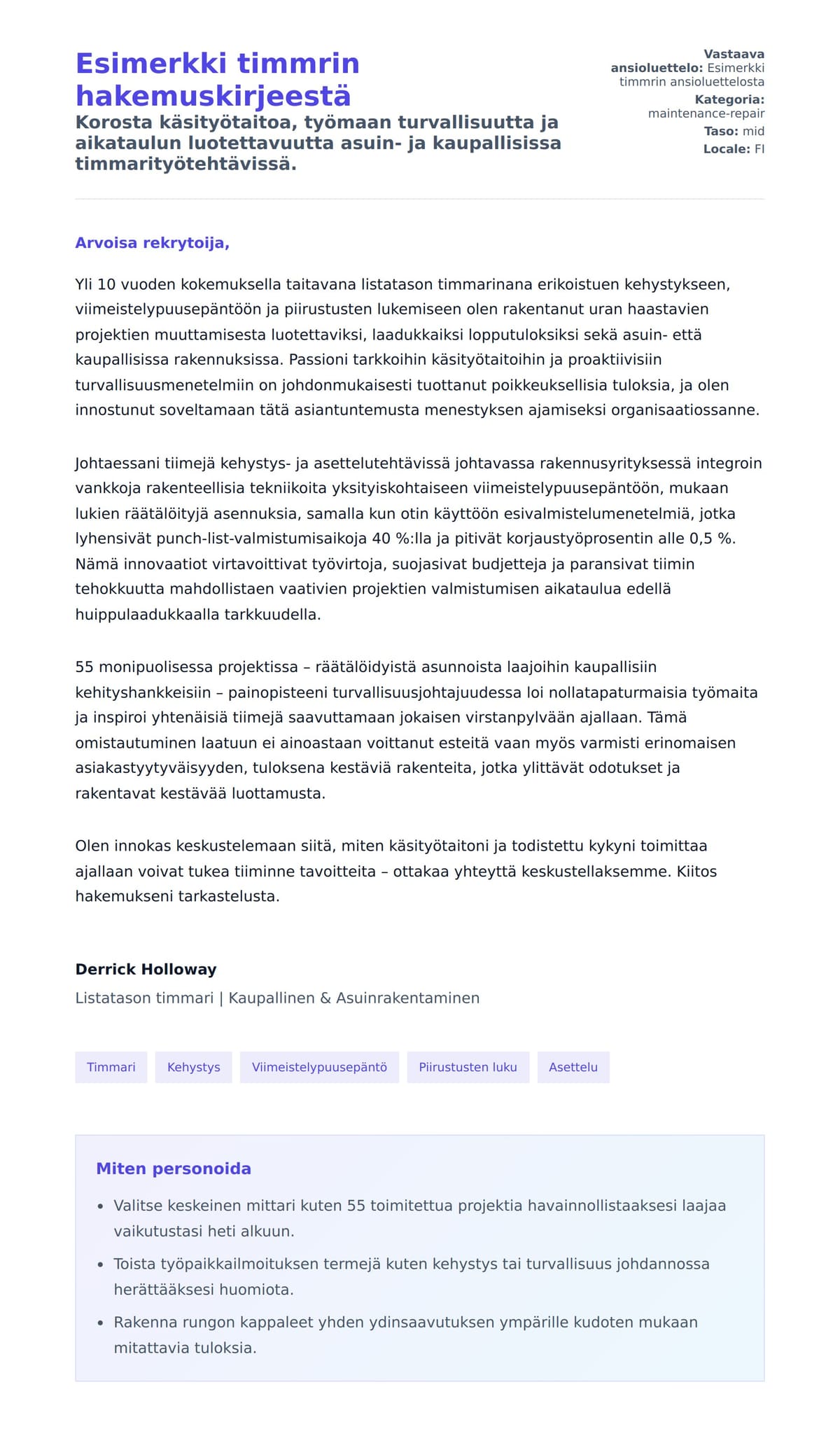 Työhakemuskirjeen esikatselu kohteelle Esimerkki timmrin hakemuskirjeestä