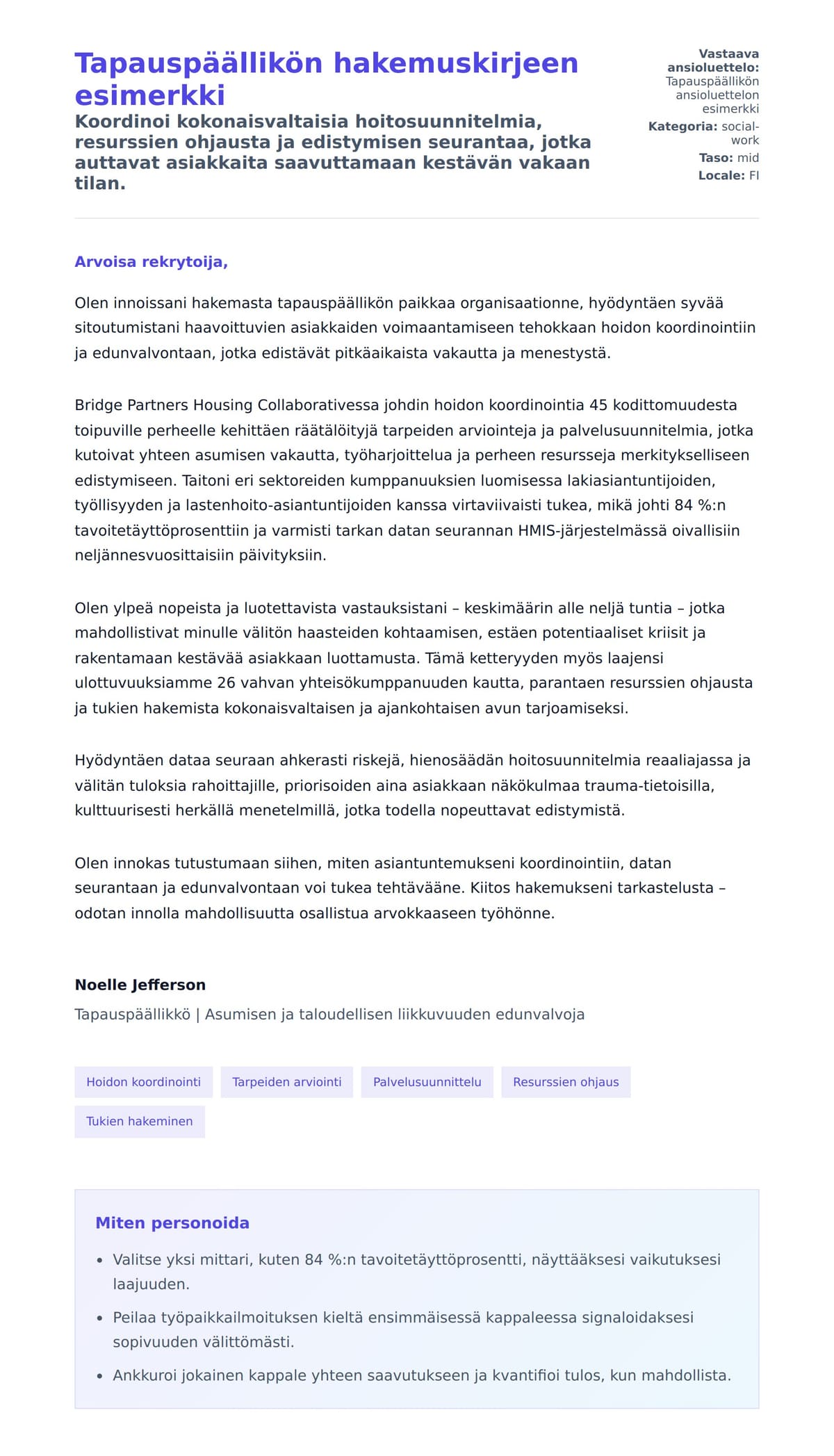 Työhakemuskirjeen esikatselu kohteelle Tapauspäällikön hakemuskirjeen esimerkki