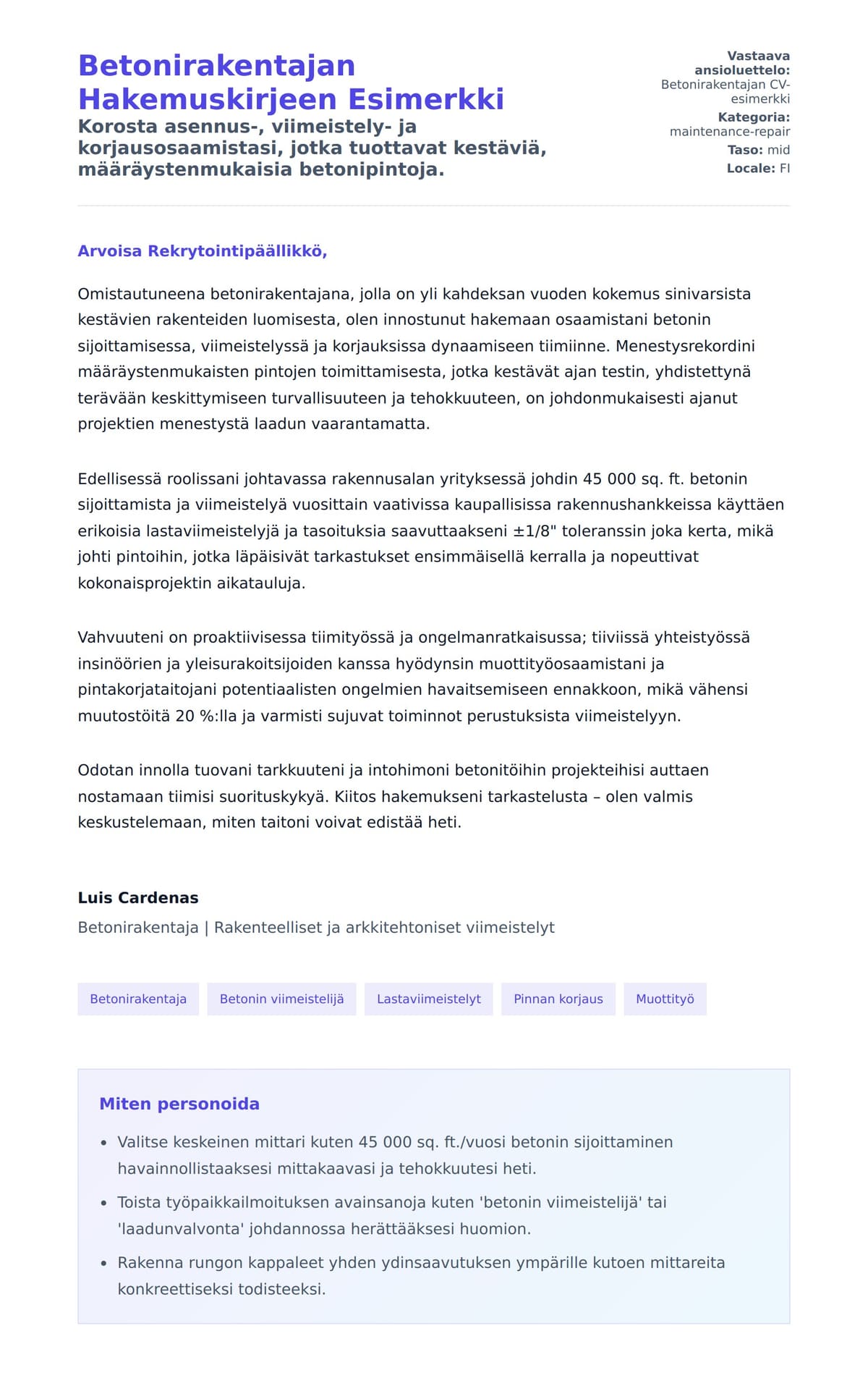 Työhakemuskirjeen esikatselu kohteelle Betonirakentajan Hakemuskirjeen Esimerkki