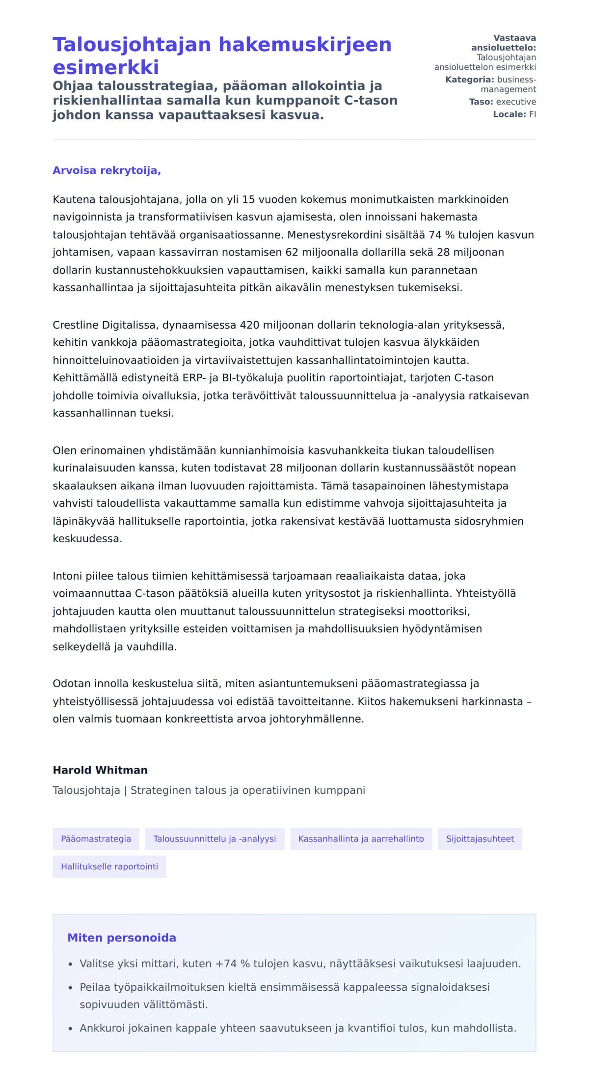 Työhakemuskirjeen esikatselu kohteelle Talousjohtajan hakemuskirjeen esimerkki