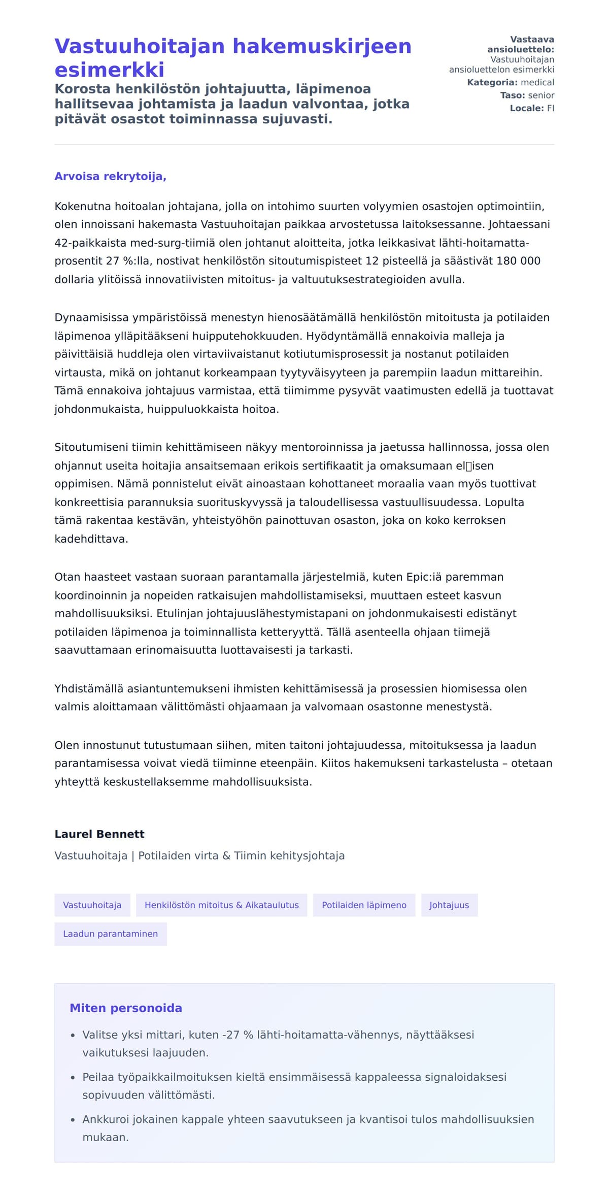 Työhakemuskirjeen esikatselu kohteelle Vastuuhoitajan hakemuskirjeen esimerkki