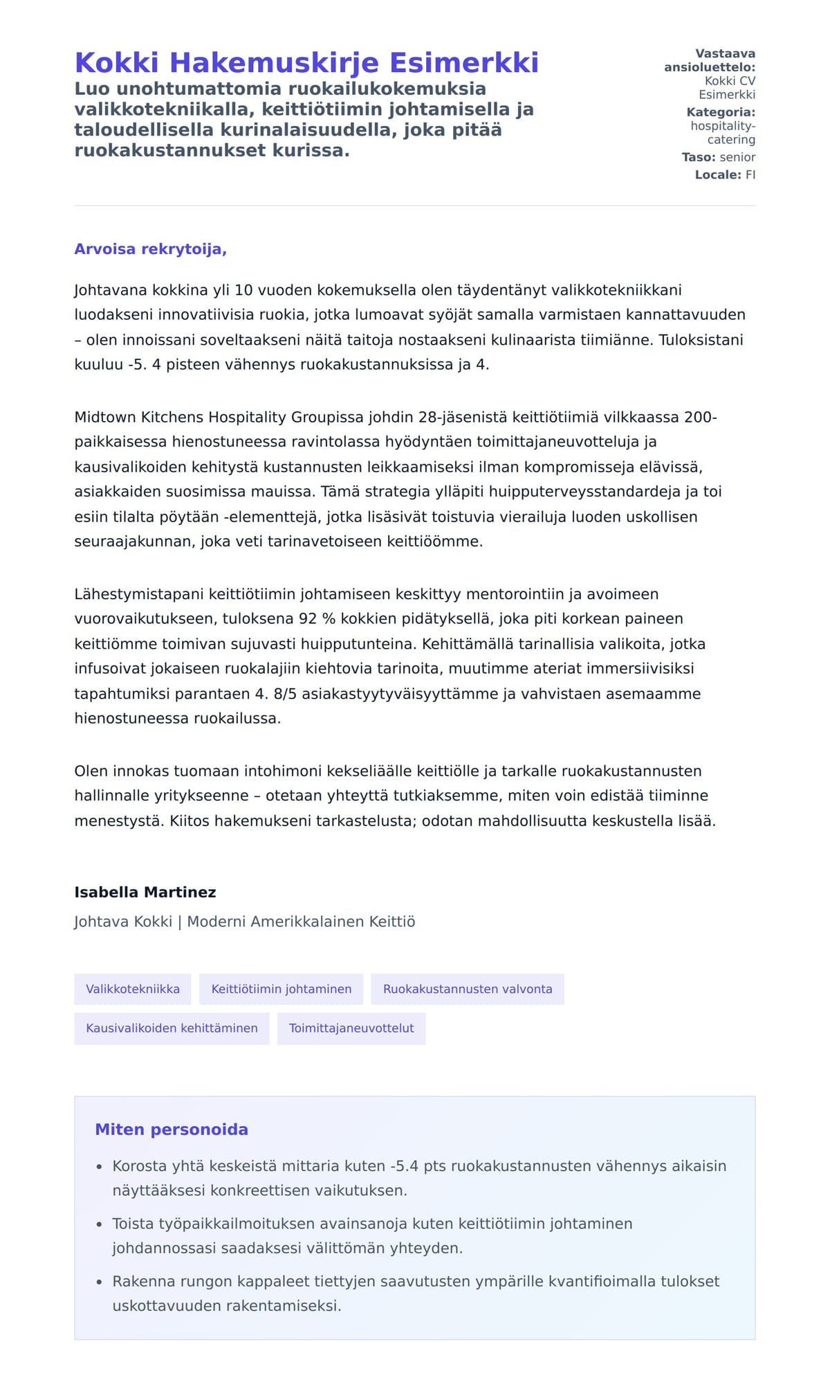 Työhakemuskirjeen esikatselu kohteelle Kokki Hakemuskirje Esimerkki