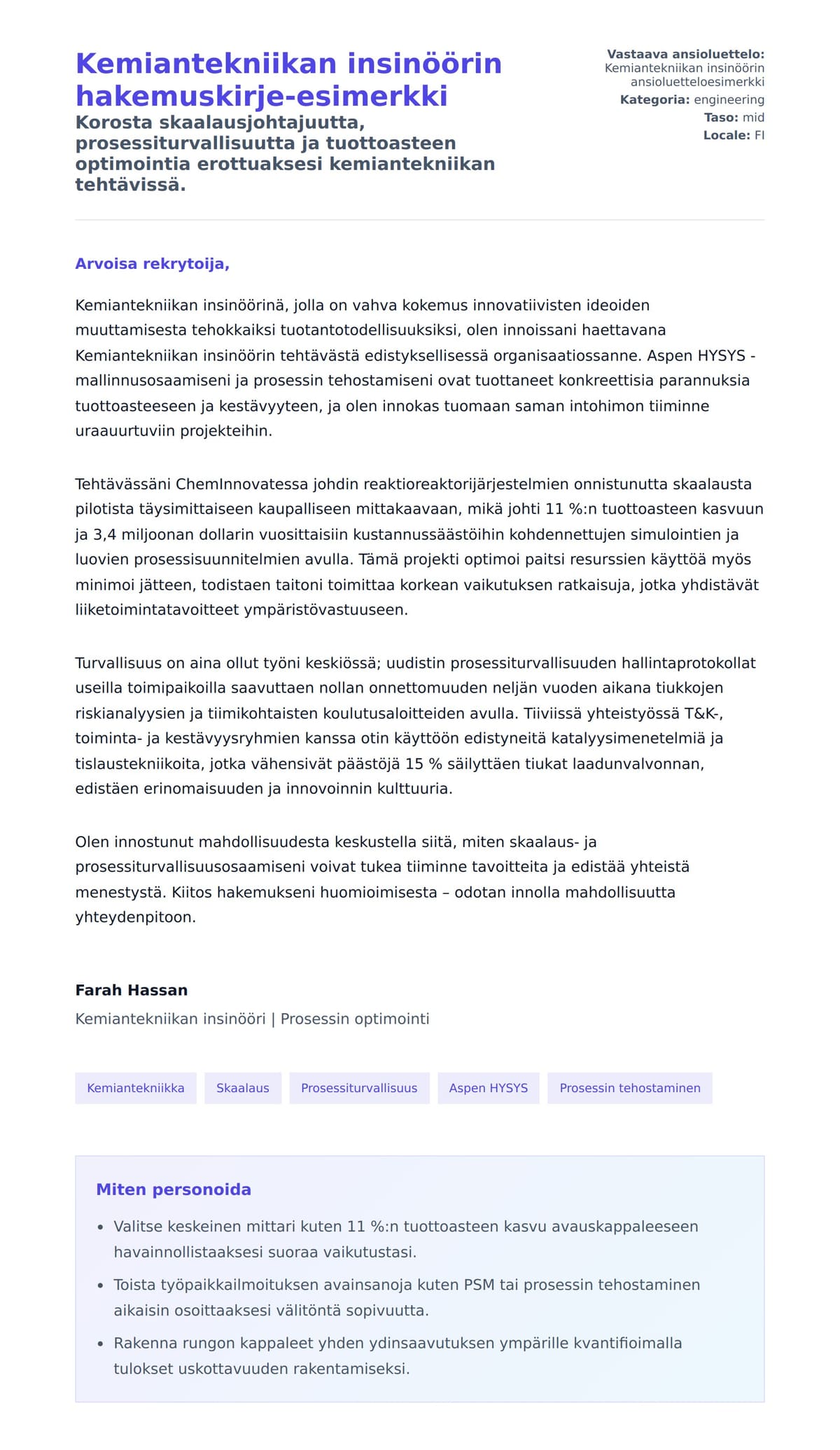Työhakemuskirjeen esikatselu kohteelle Kemiantekniikan insinöörin hakemuskirje-esimerkki