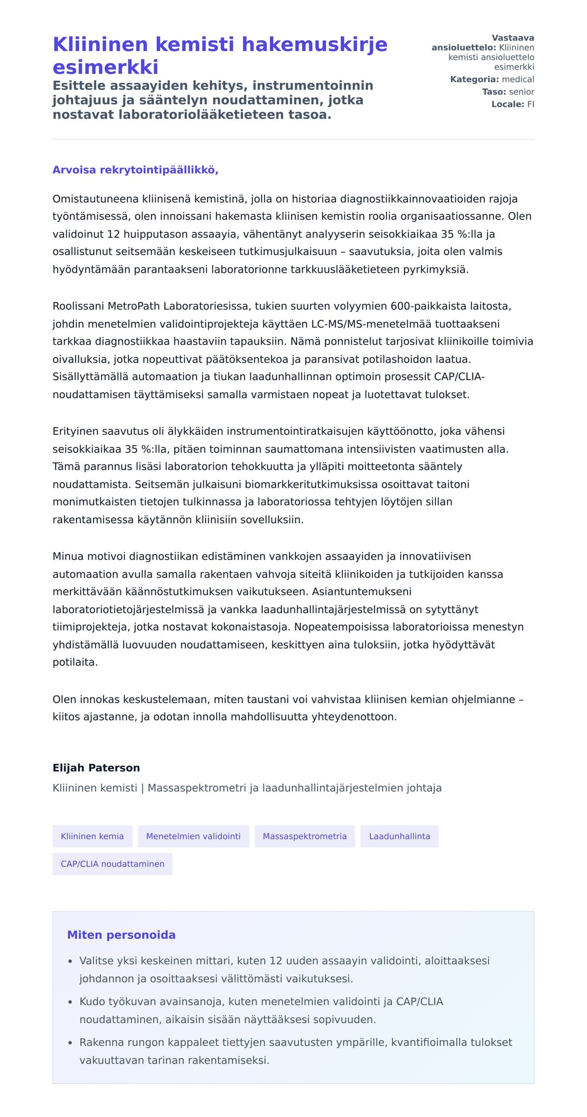 Työhakemuskirjeen esikatselu kohteelle Kliininen kemisti hakemuskirje esimerkki