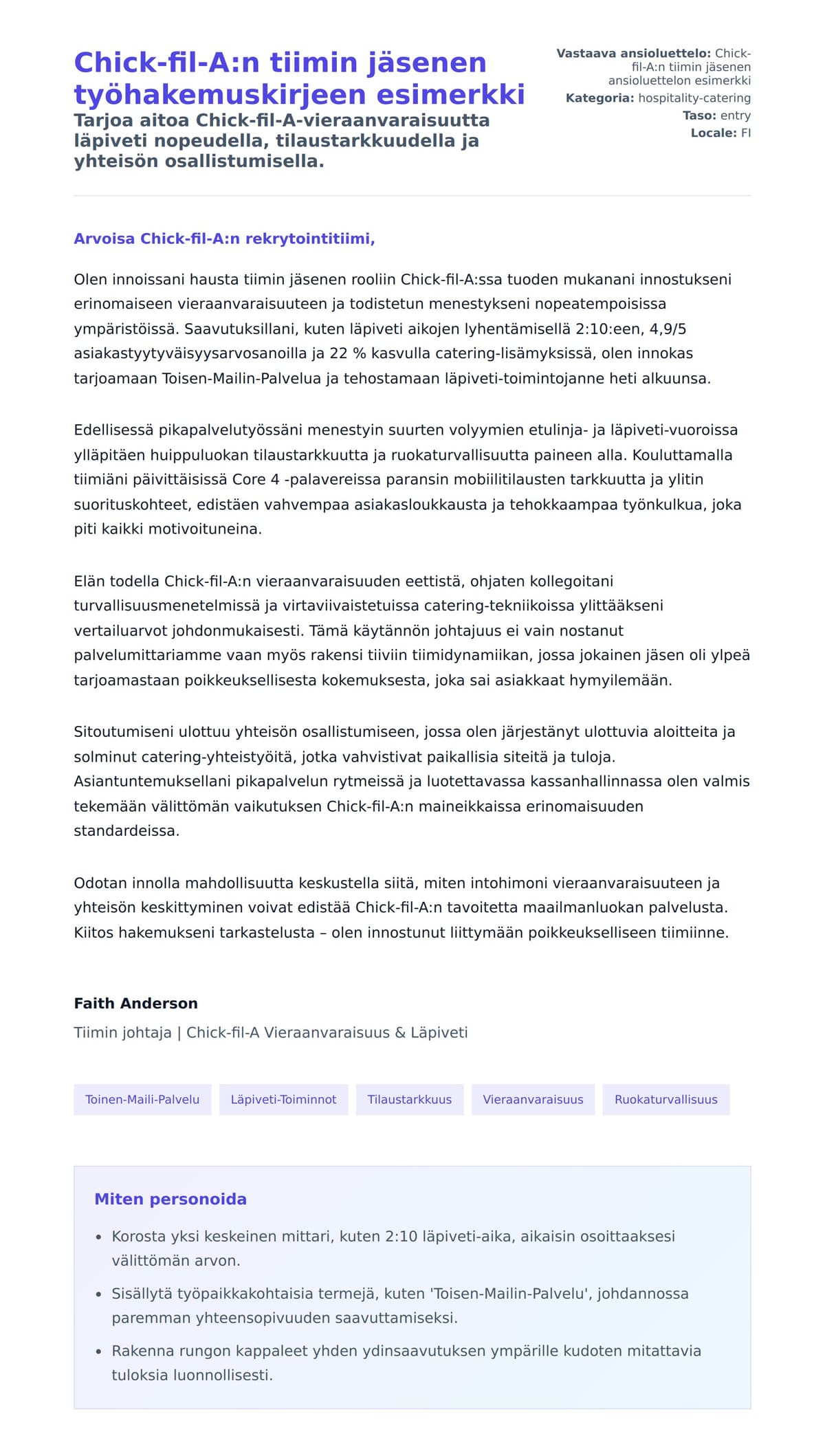 Työhakemuskirjeen esikatselu kohteelle Chick-fil-A:n tiimin jäsenen työhakemuskirjeen esimerkki