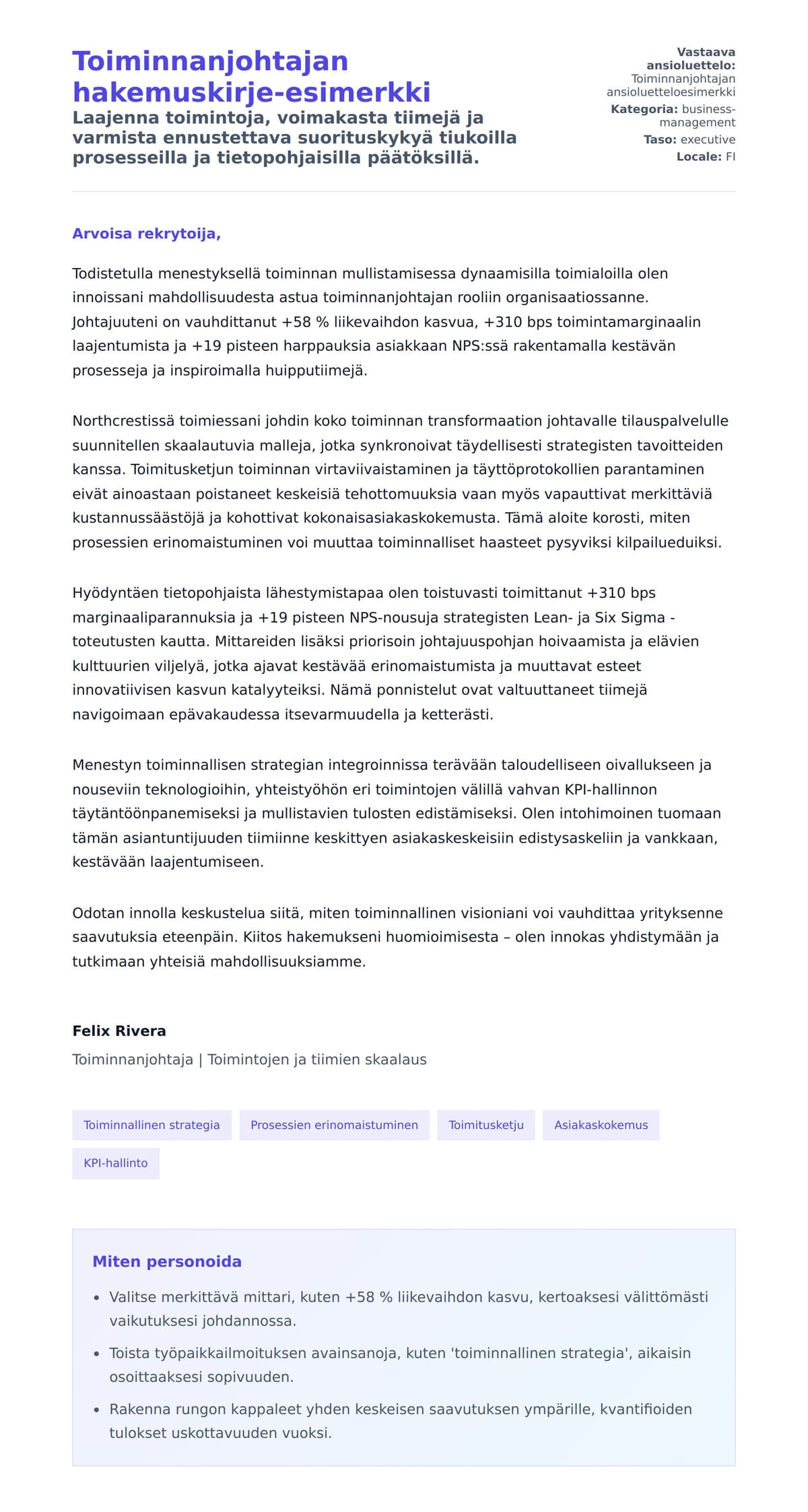 Työhakemuskirjeen esikatselu kohteelle Toiminnanjohtajan hakemuskirje-esimerkki